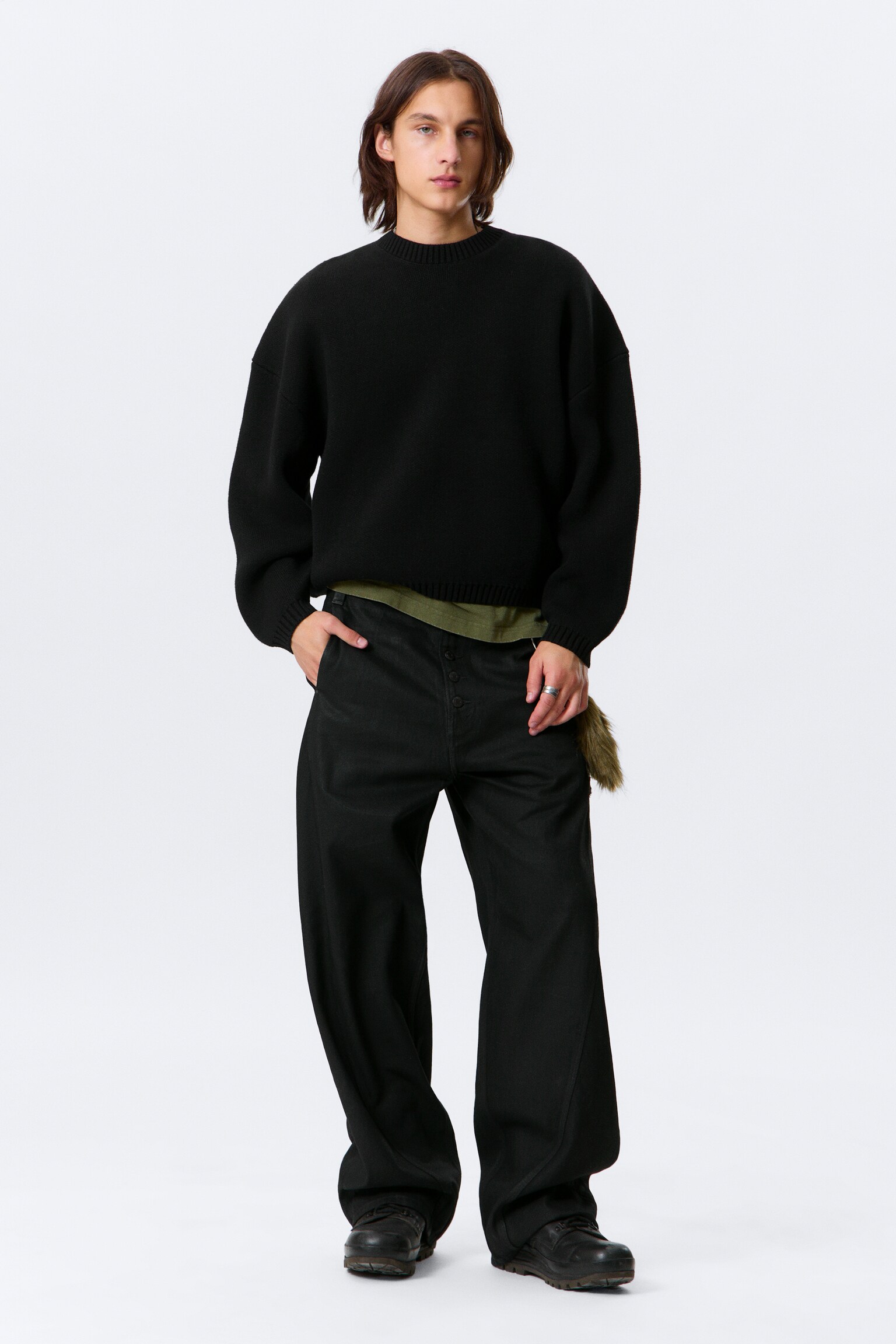 Oversized Heavyweight Cotton Sweater - Black/Dark Khaki Green - 5
