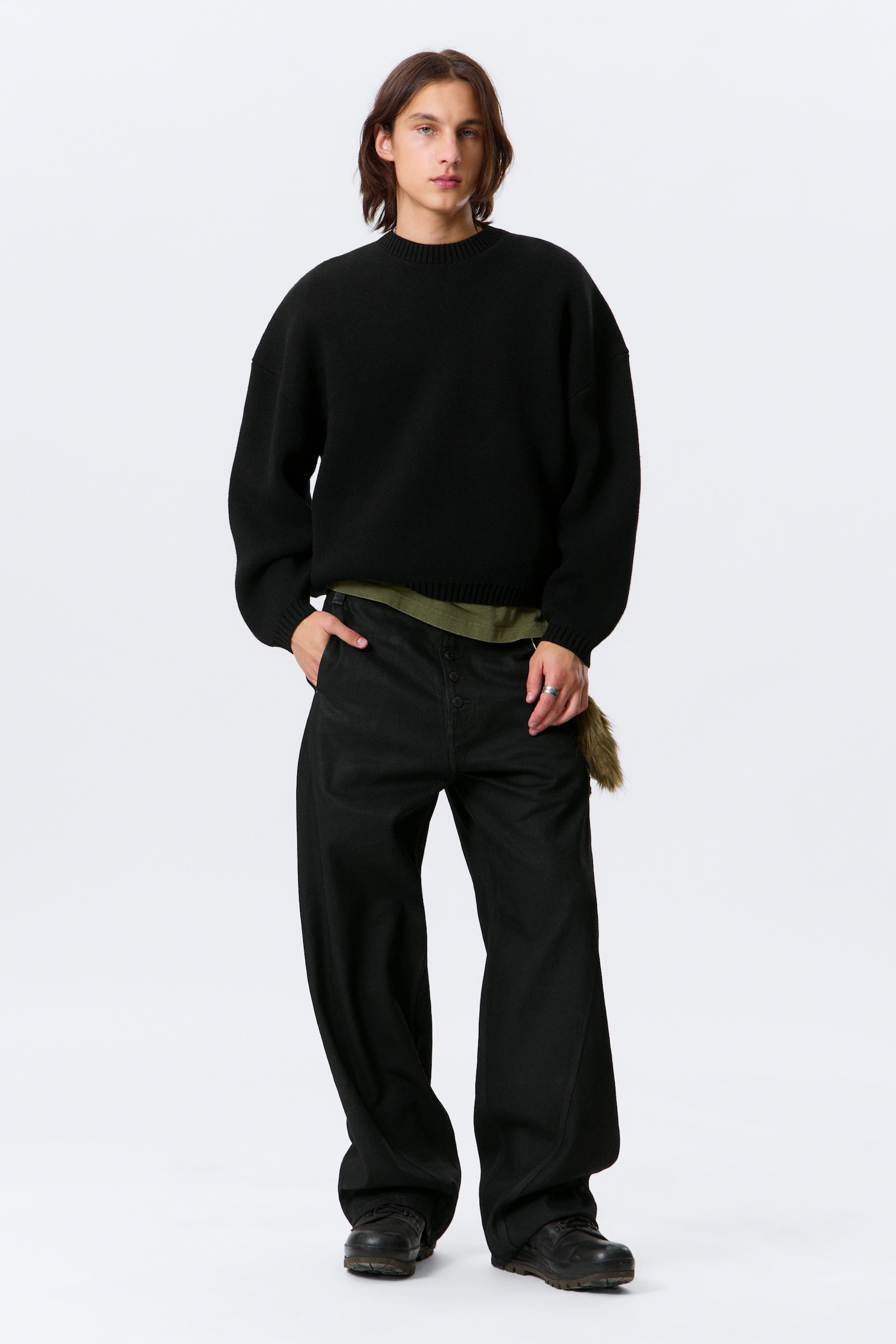 Pull oversize en coton épais - Noir/Dark Khaki Green - 3