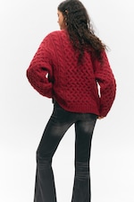 Bright Red - Long Cable Knit Textured Sweater - 2