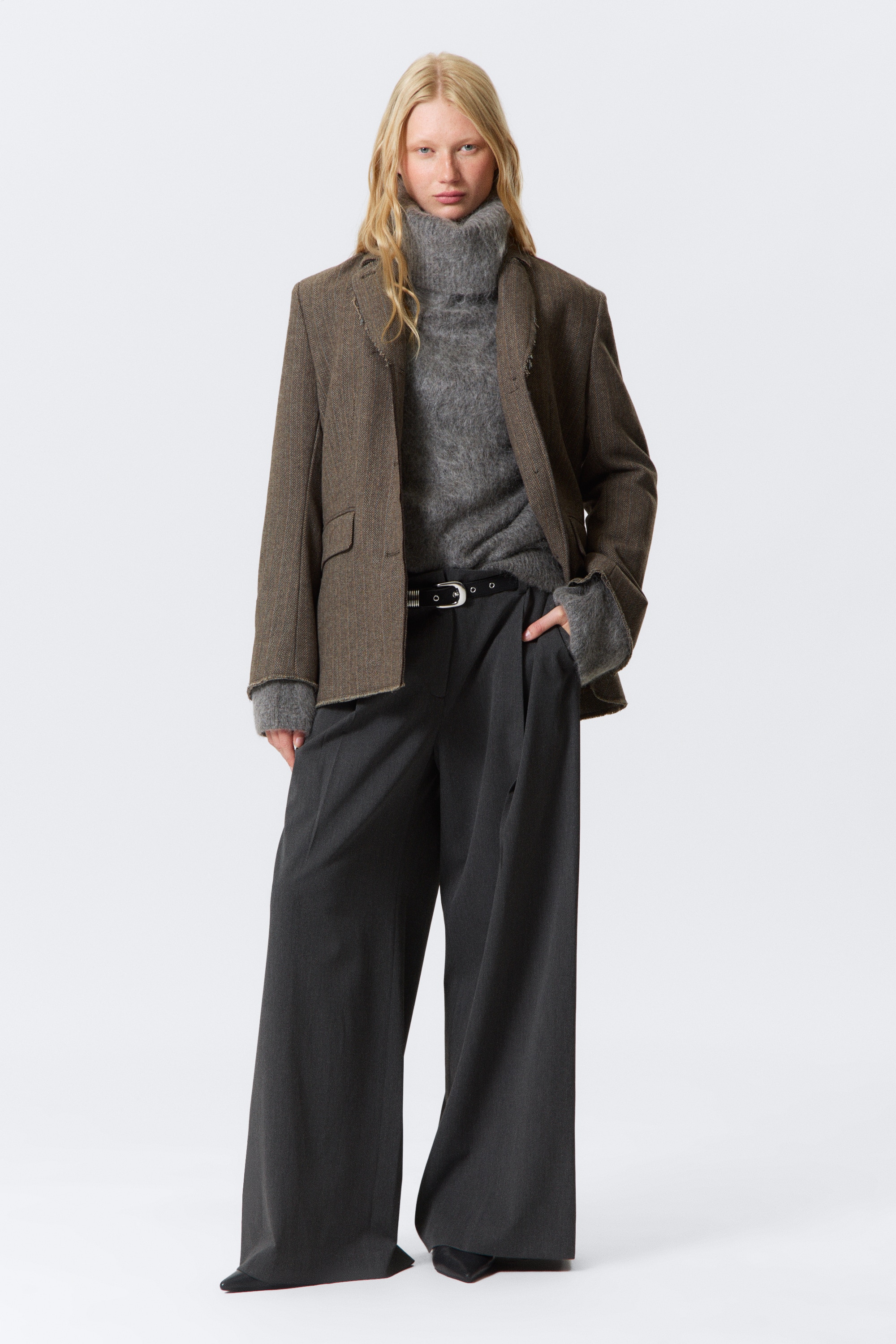 Blazer en laine mélangée à chevrons coupe ample - Chevron taupe foncé