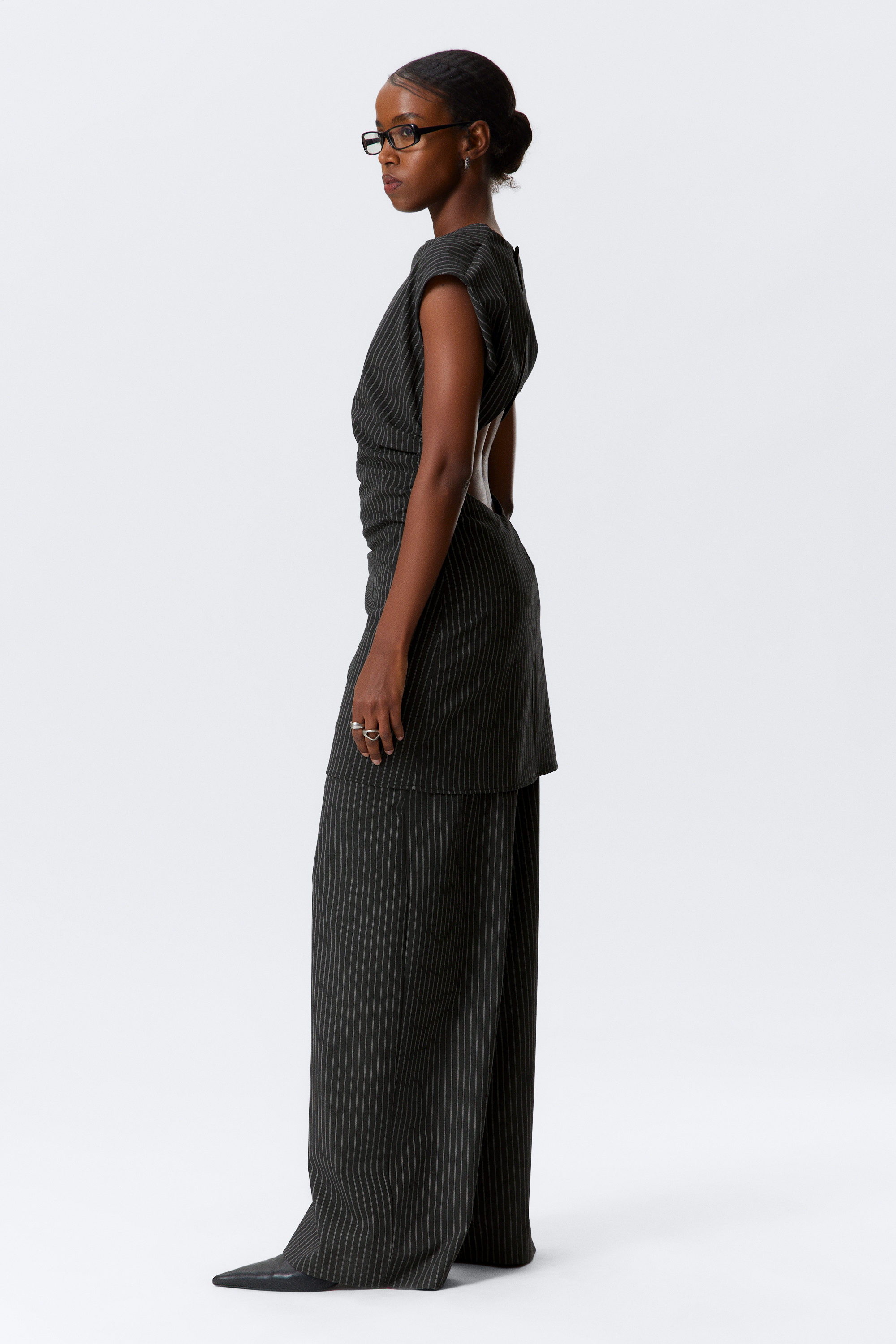 Black Striped - Draped Cap-Sleeved Mini Suiting Dress - 2