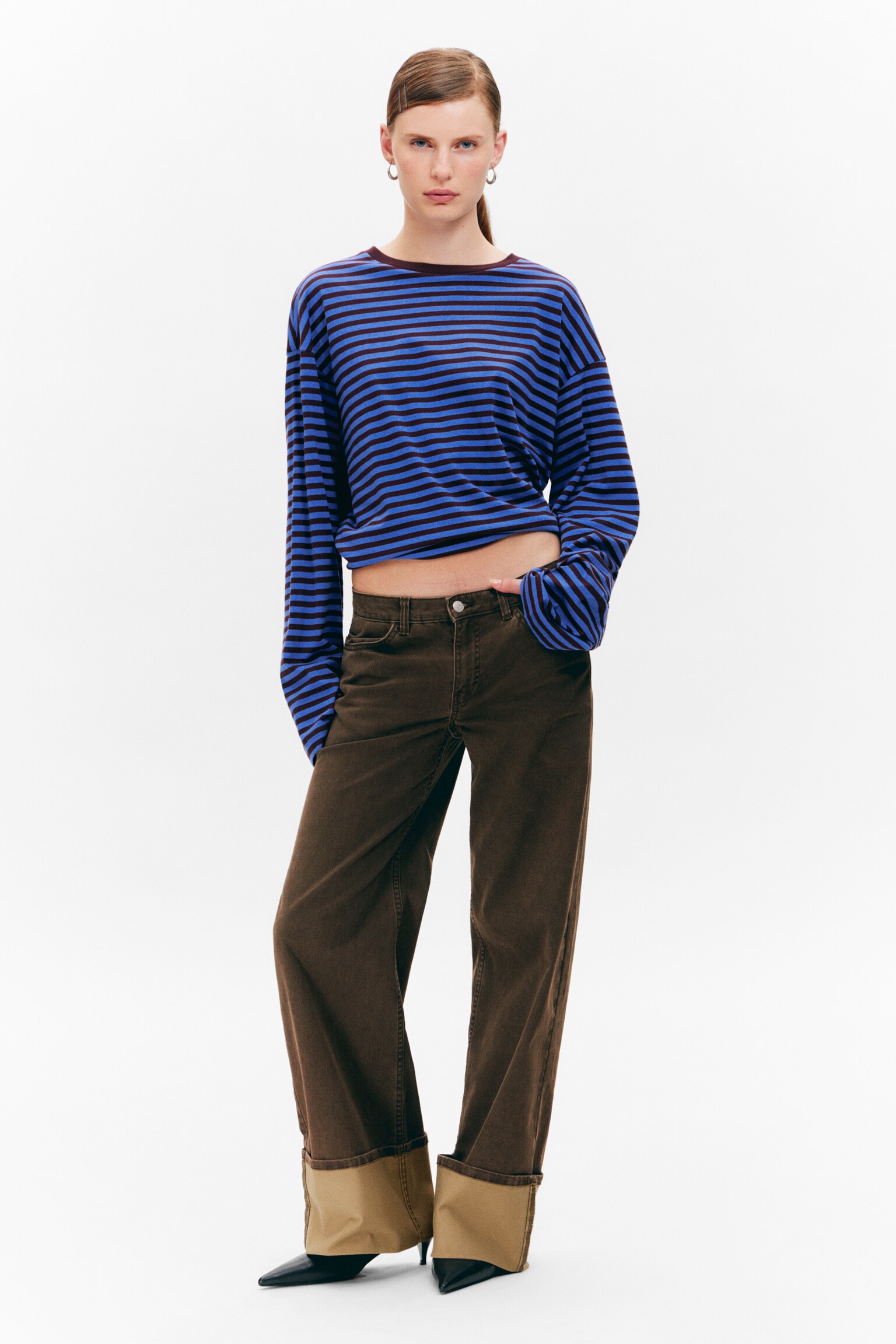 Spice Low Rise Fold-Up Twill Trousers - Dark Brown - 1