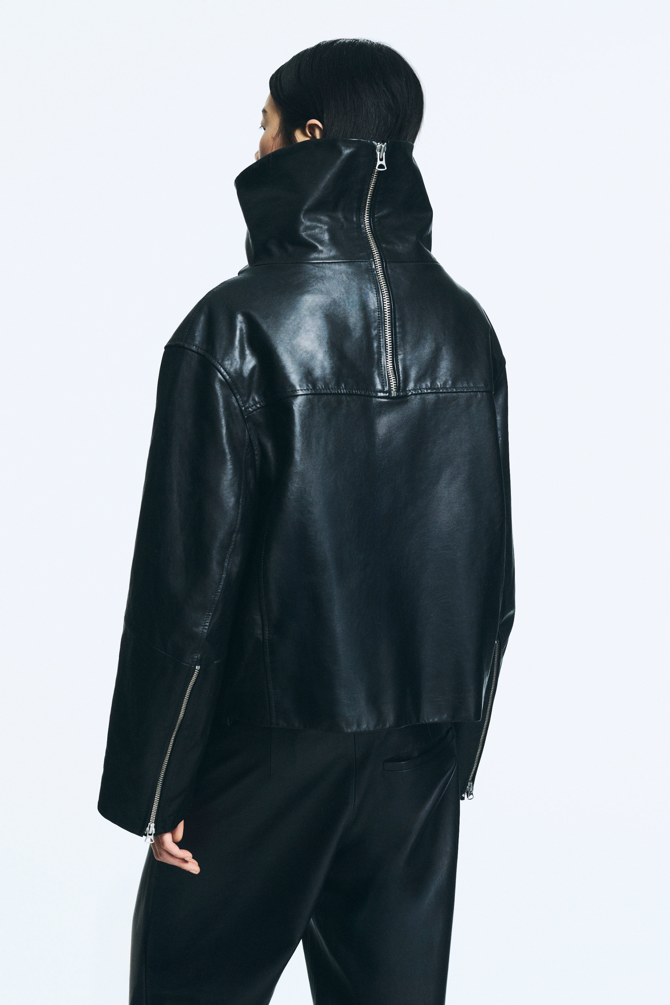 Noir - Veste en cuir à col montant - 4