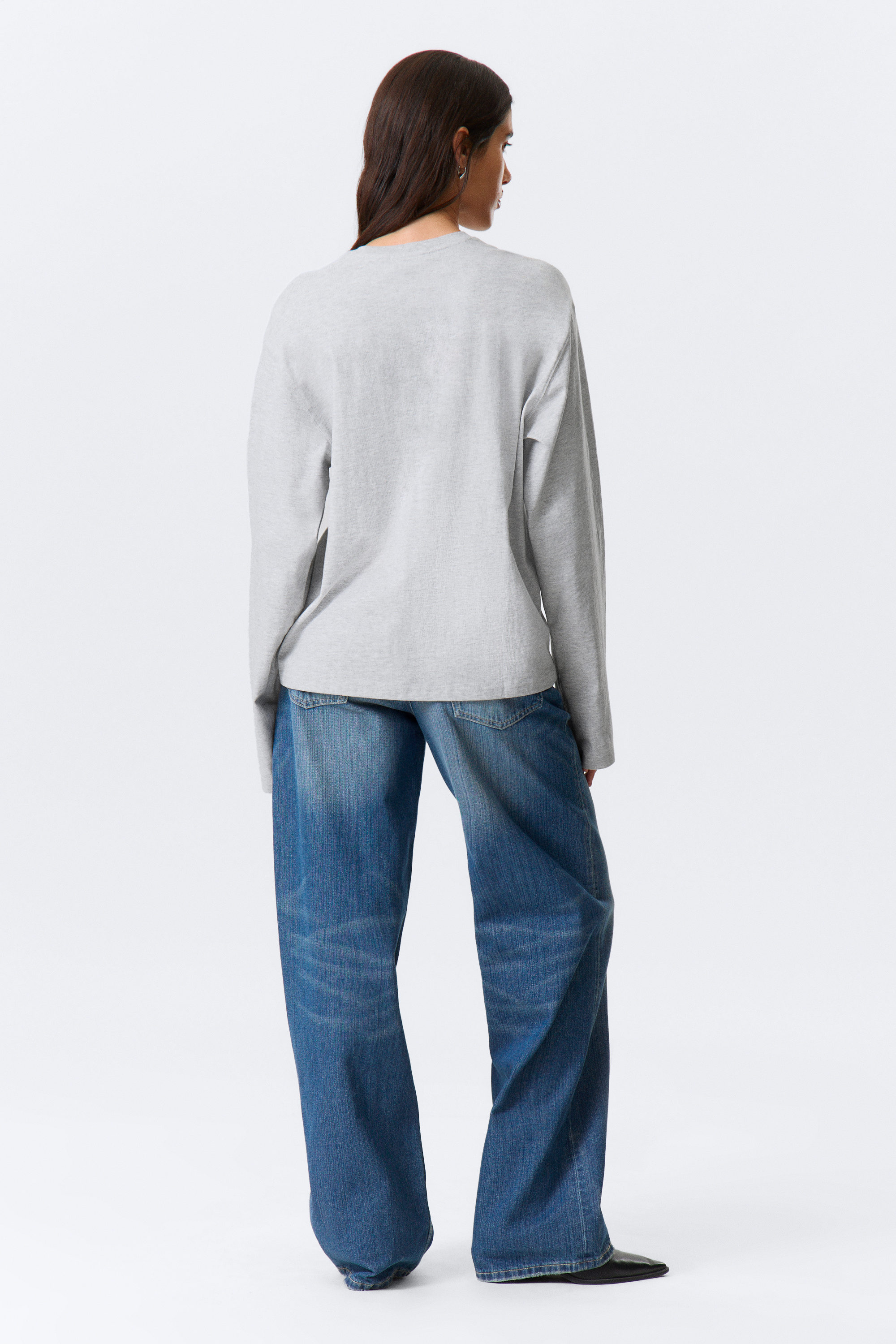 Grey Melange - Long-Sleeved Boxy Cotton T-shirt - 4