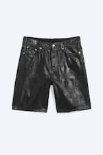 Black - Loose Low Rise Coated Denim Shorts - 5