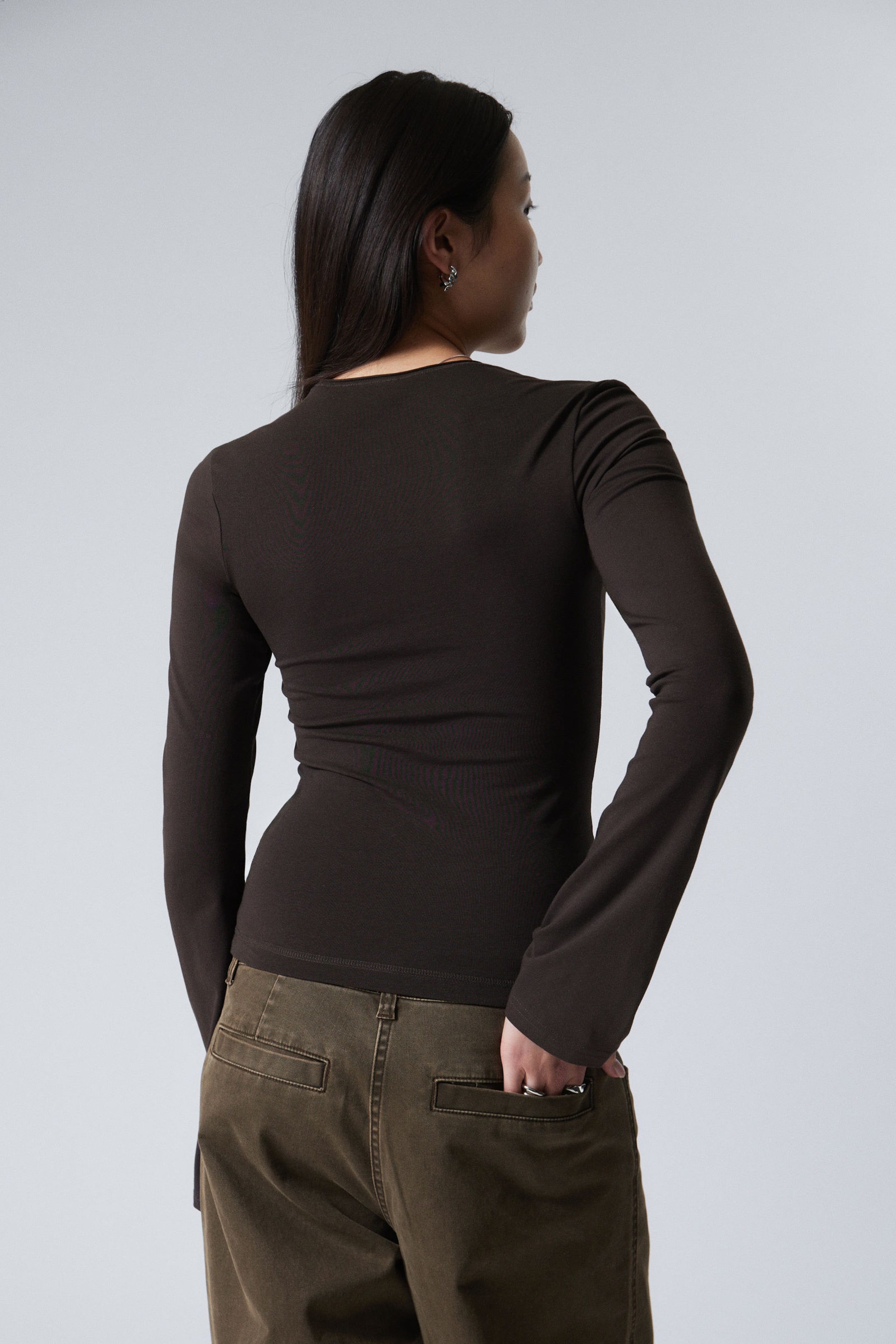 Dark Brown - Long Sleeve Cotton Top - 2