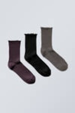 Dark Plum/Black/Dark Grey - 3-pack Frill Edge Socks - 0