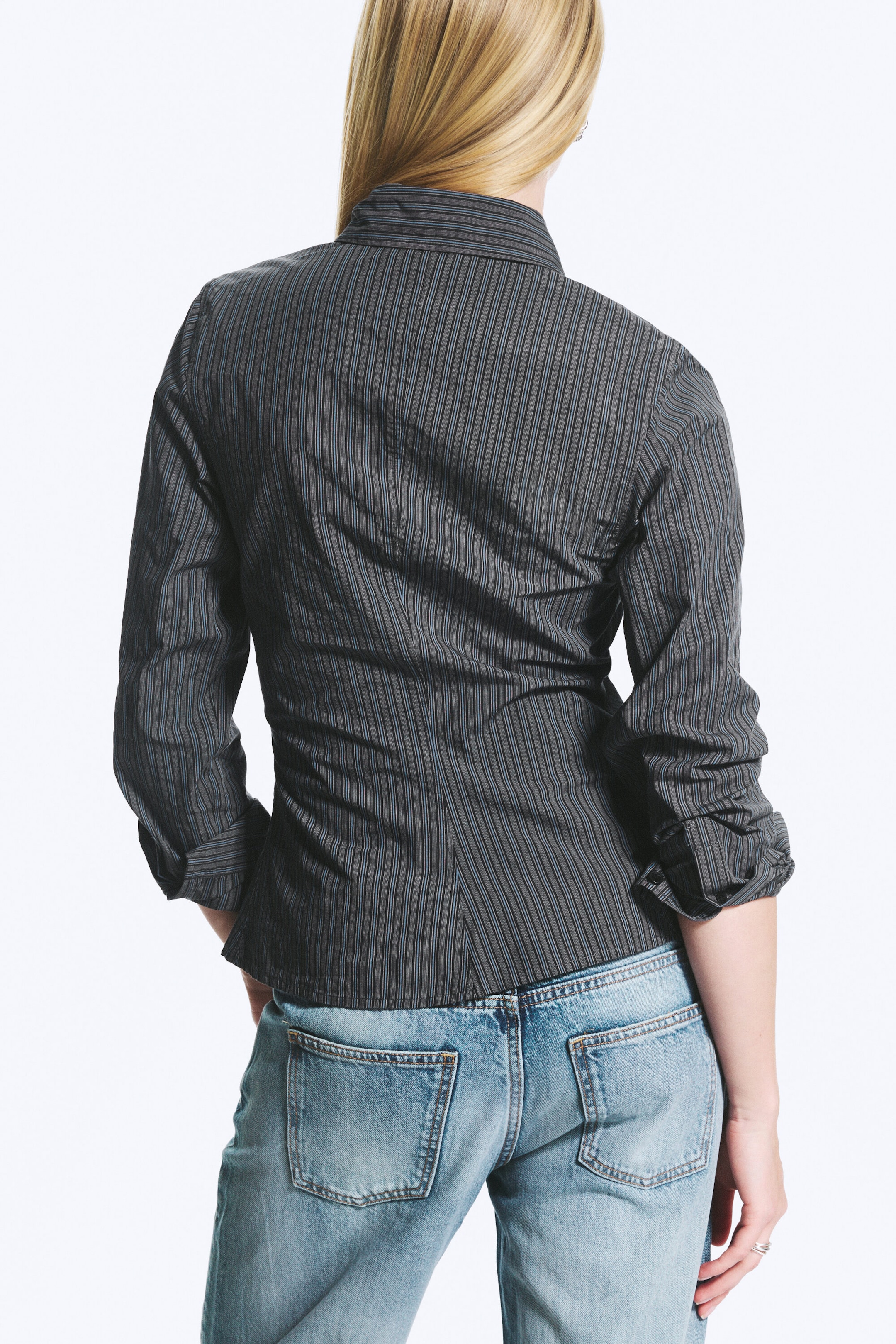 Dark Grey - Blue Stripe - Asymmetric Fitted Poplin Shirt - 2