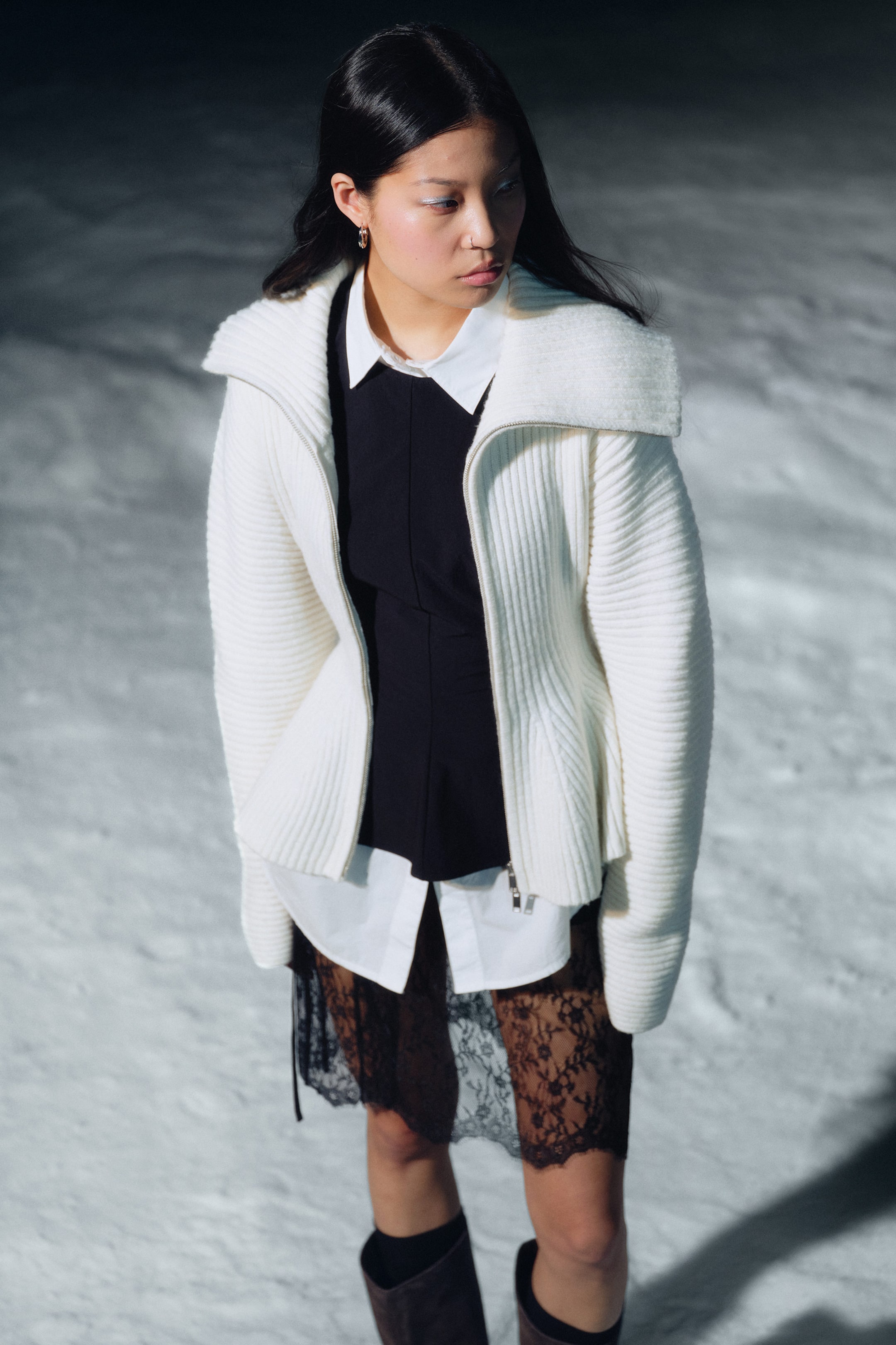 White - Rib Knit Peplum Zip Sweater - 1