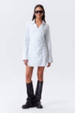 Blue Stripe - Long-Sleeved Asymmetric Mini Shirt Dress - 0