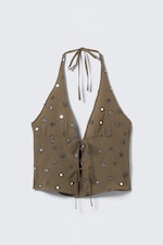 Dunkles Graubraun - Pailletten - Neckholder-Top mit Bindeband vorn - 0