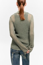 Khaki Green - Open-Knit V-neck Cardigan - 2