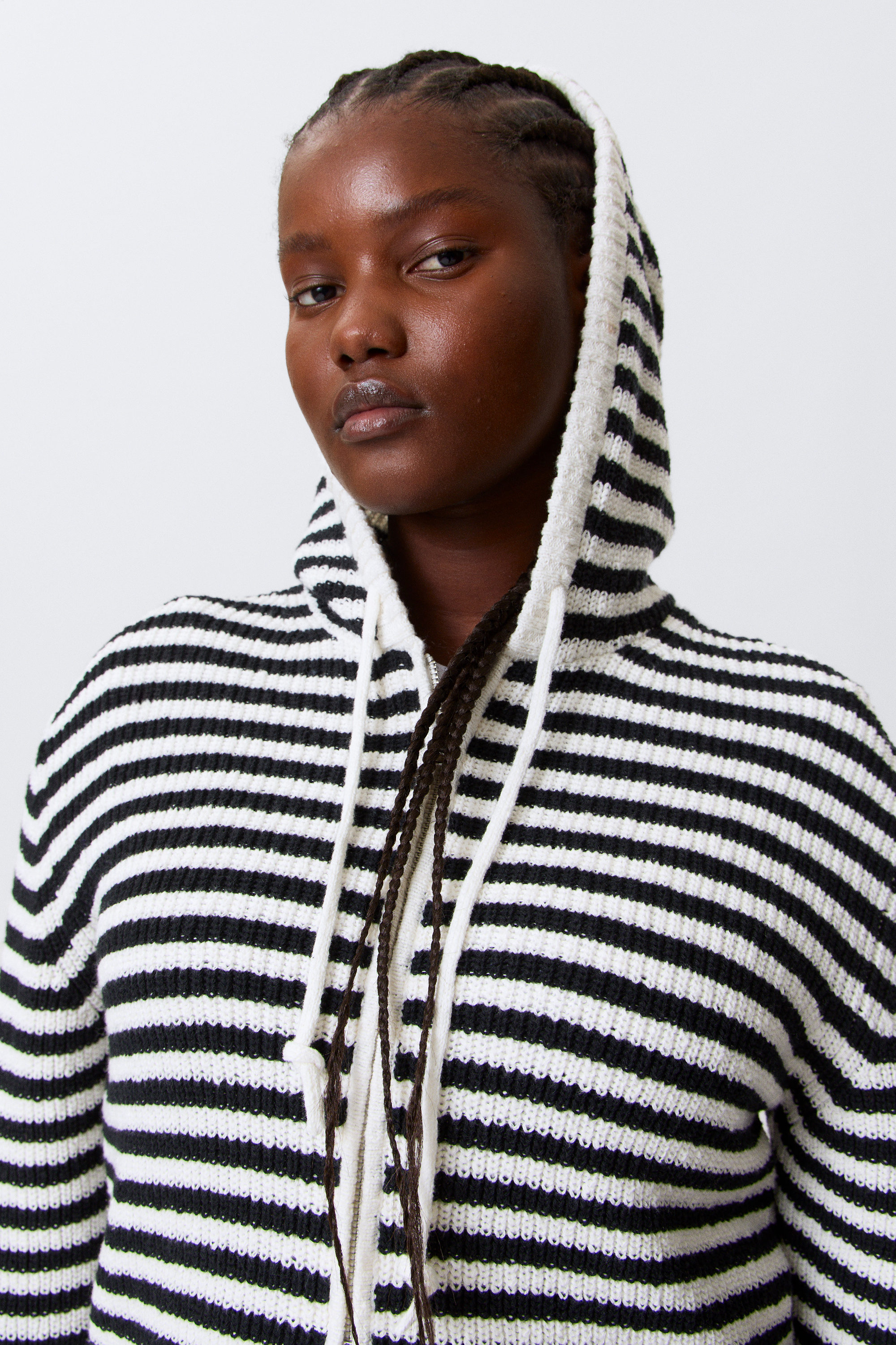 Black & White Stripes - Striped Knitted Slim Fit Zip Hoodie - 1