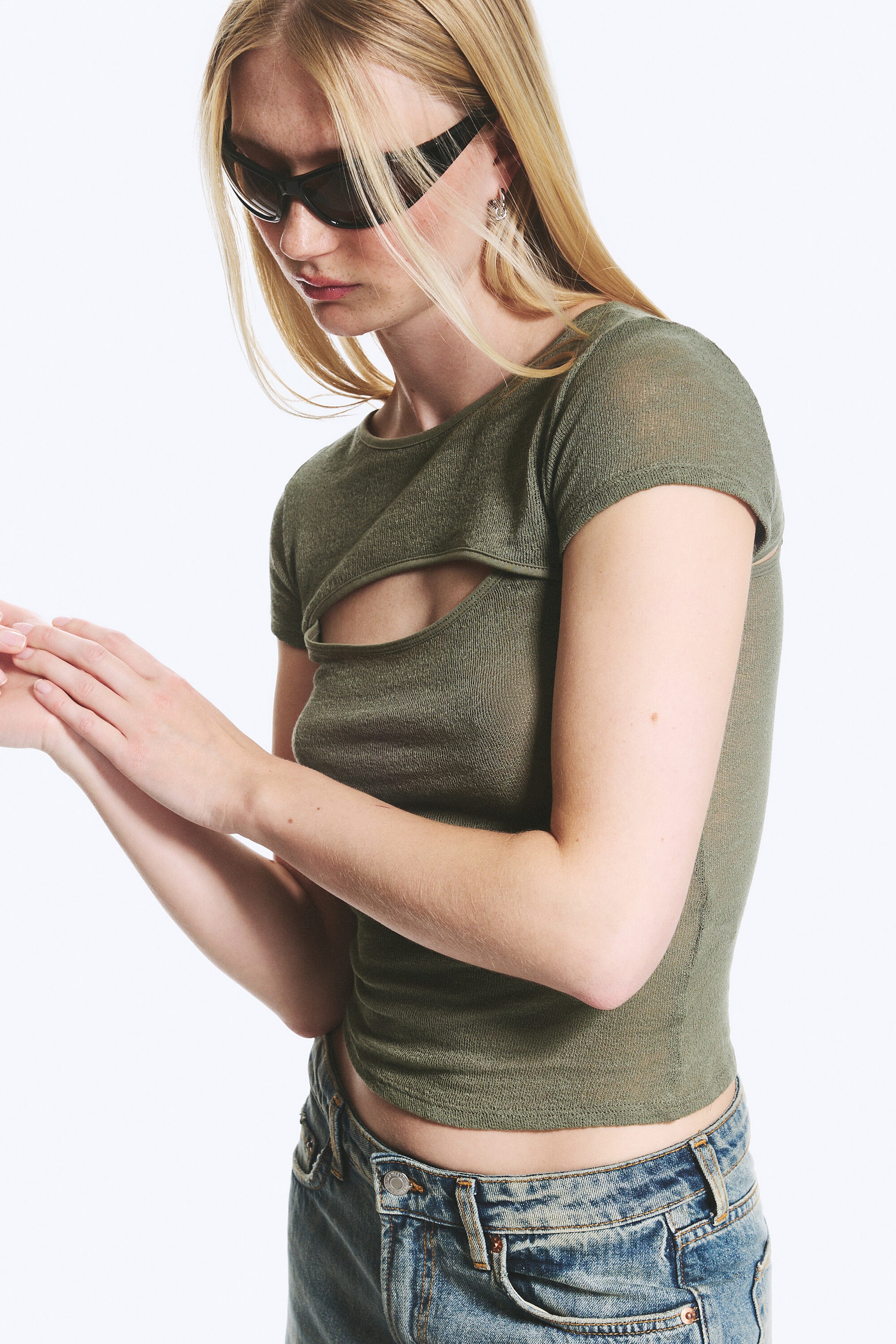 Dusty Khaki Green - Layered Two-Piece Bolero Top - 2