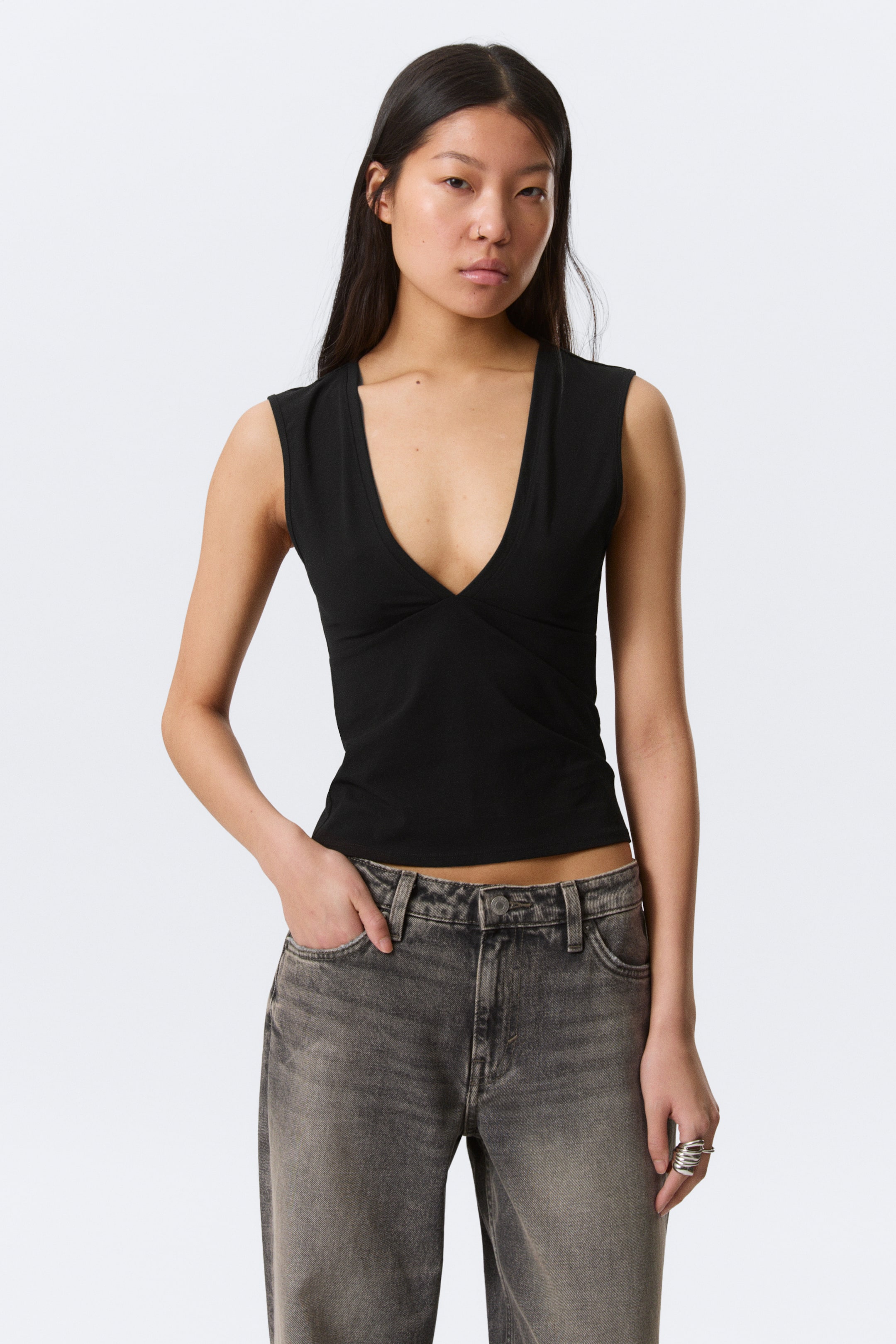 View larger image: Fitted V-Neck Sleeveless Top - Black - Ladies | H&M GB 1