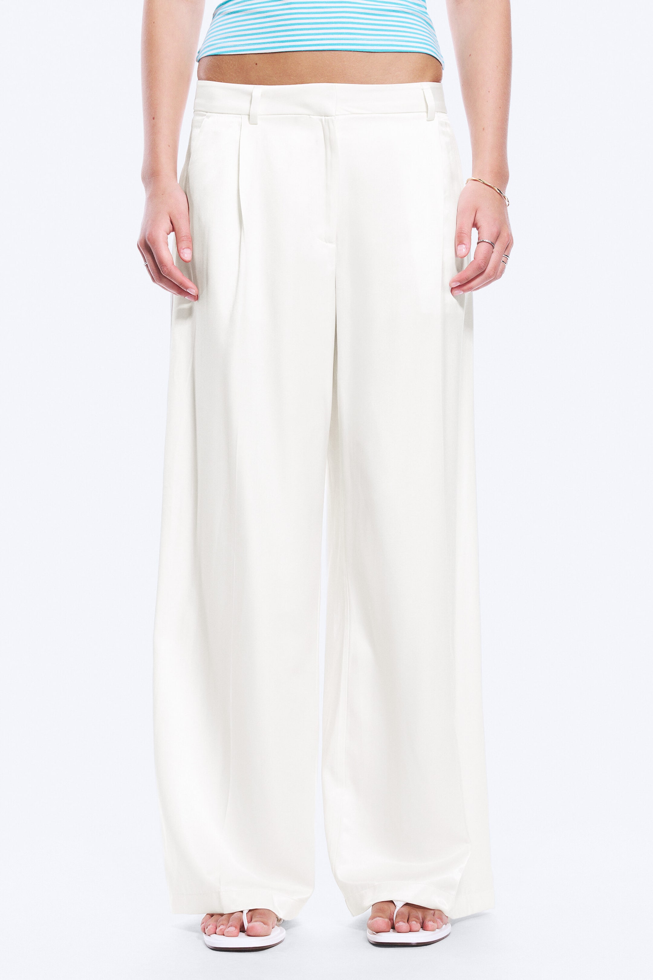 White - High Waisted Wide Leg Satin Trousers - 2
