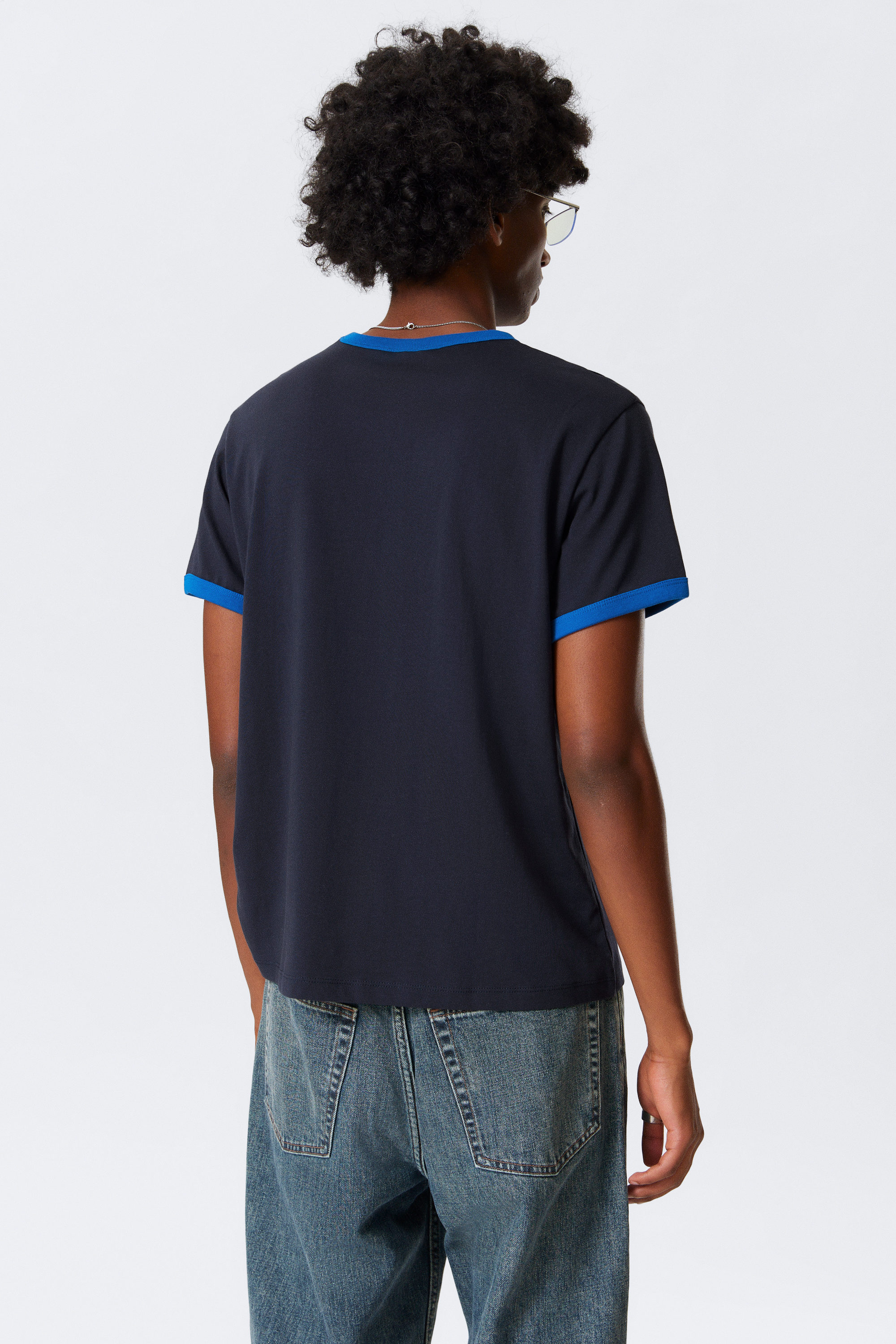 Dark Blue - Short-Sleeved Contrast Trim Cotton T-shirt - 2
