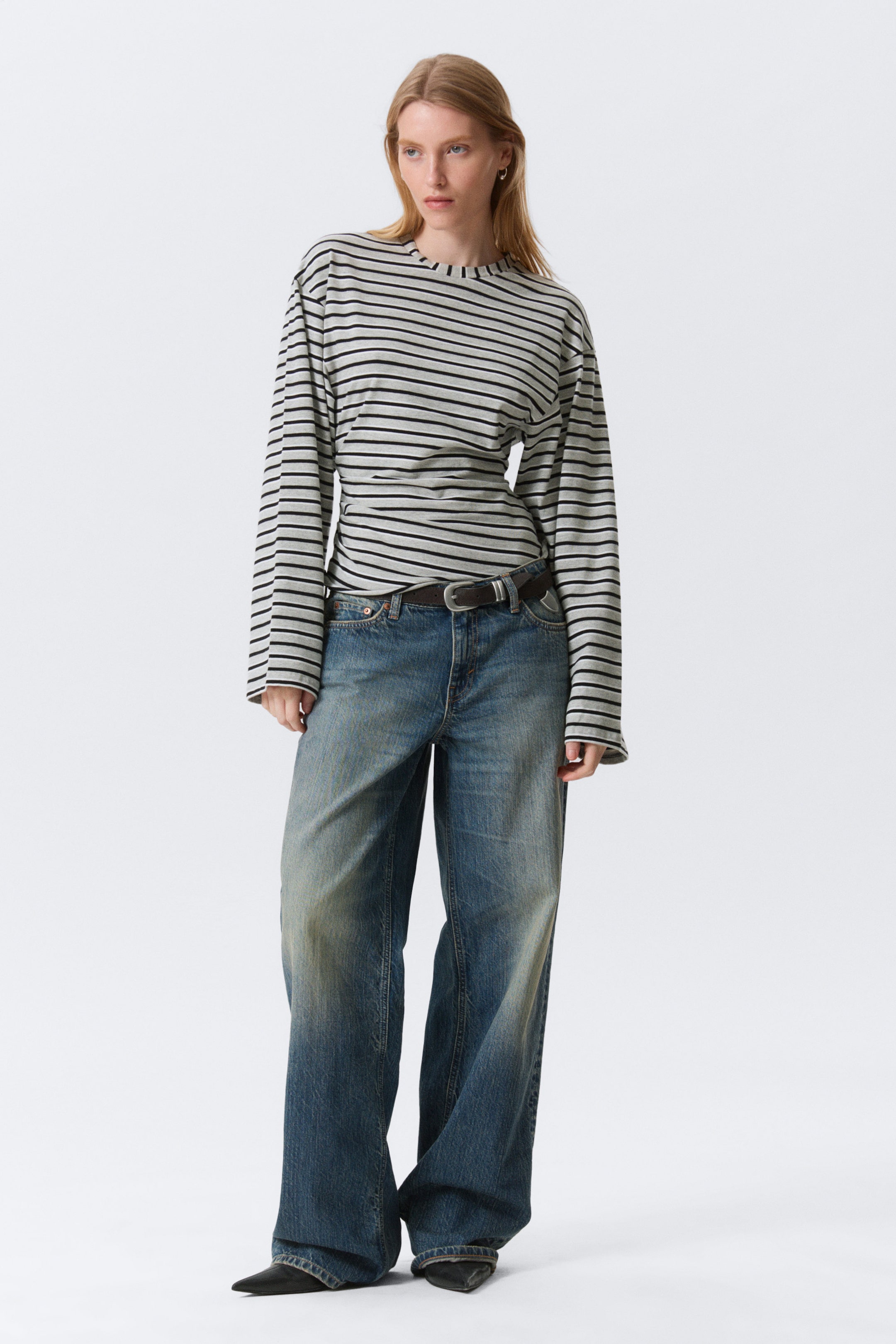 Striped Grey Melange - Ruched Long-Sleeved T-shirt - 2
