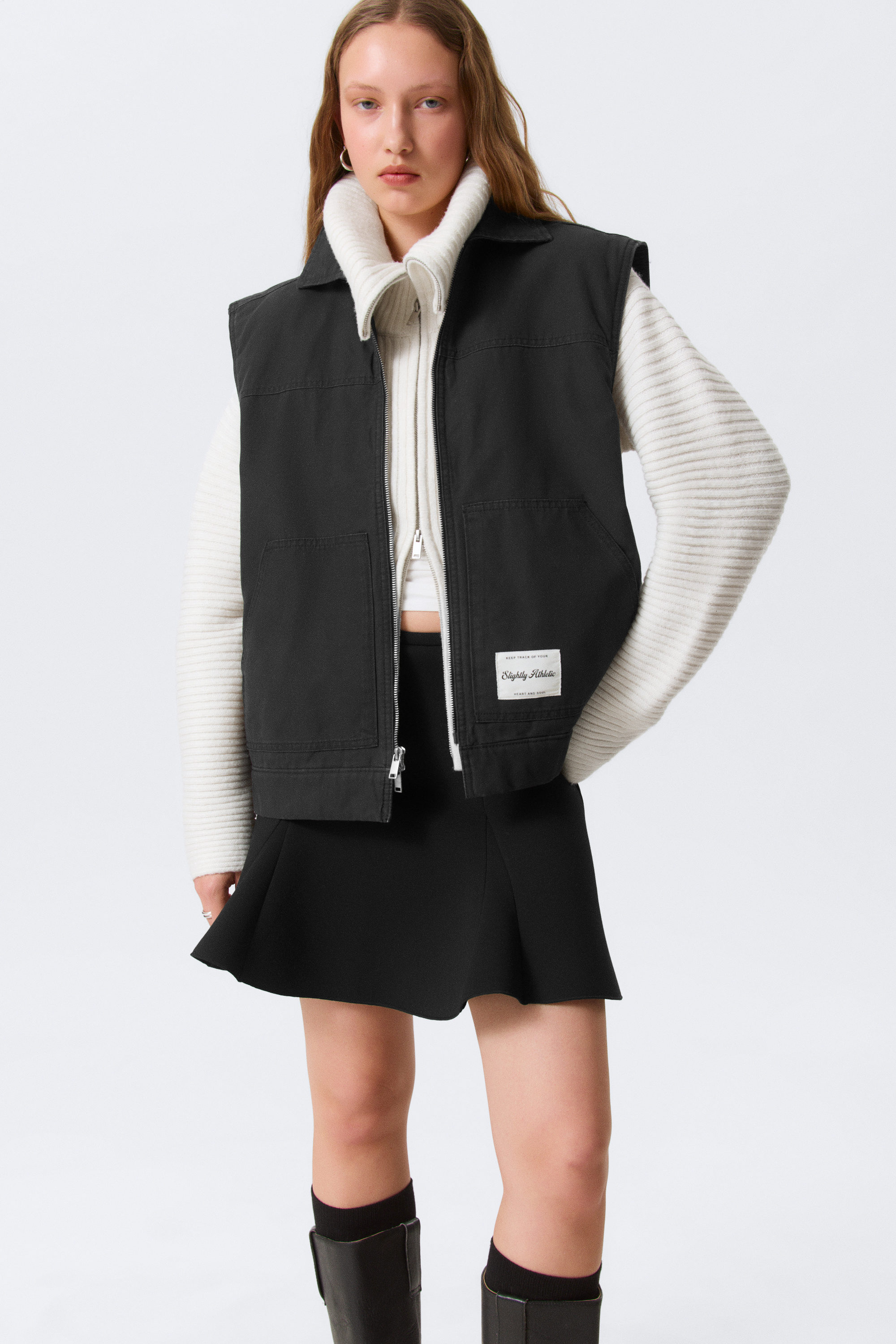 Black - Lightly Padded Canvas Zip Vest - 1