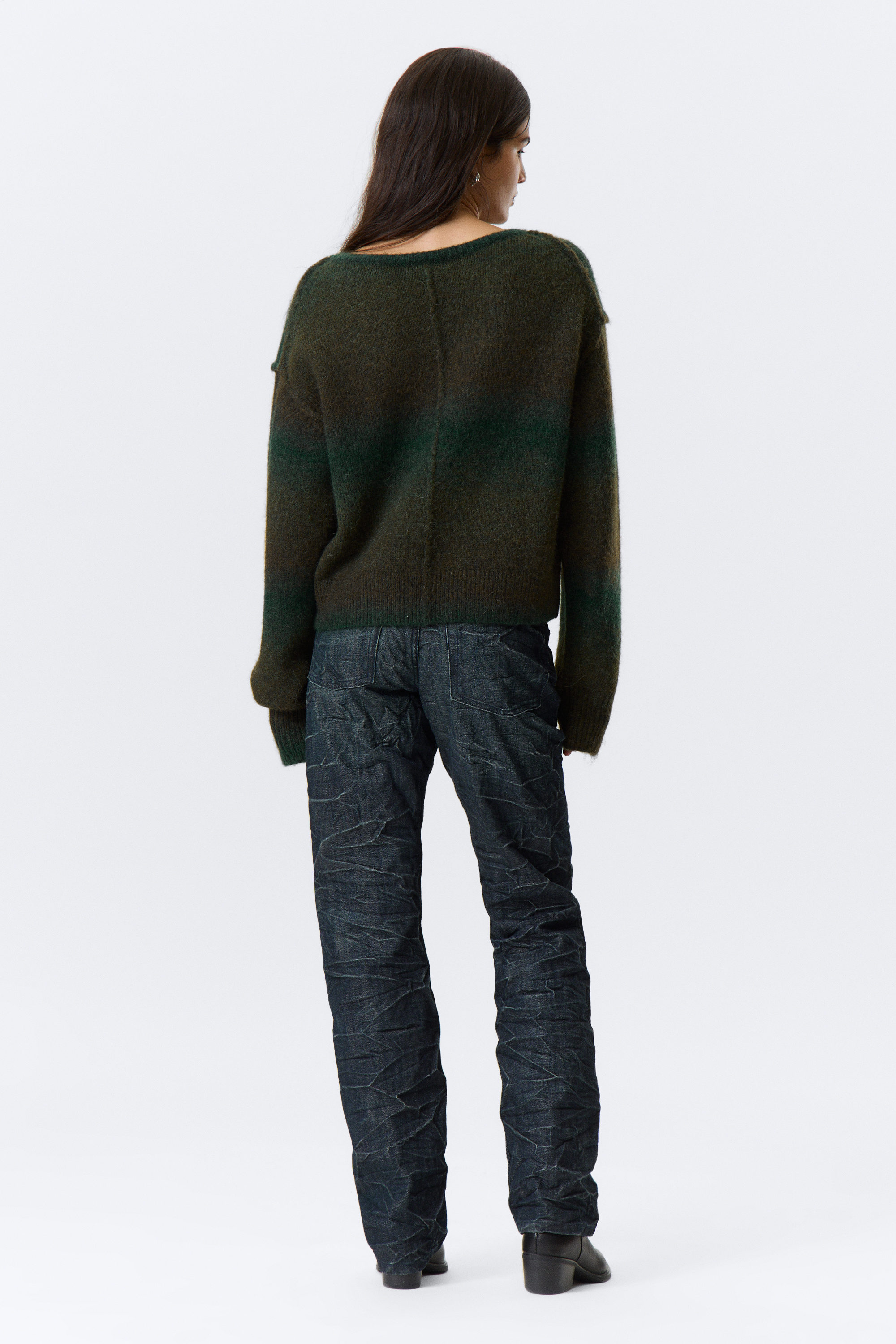 Dark Green - Space Dye - Space Dye V-Neck Knitted Sweater - 5