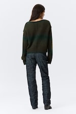 Dark Green - Space Dye - Space Dye V-Neck Knitted Sweater - 3