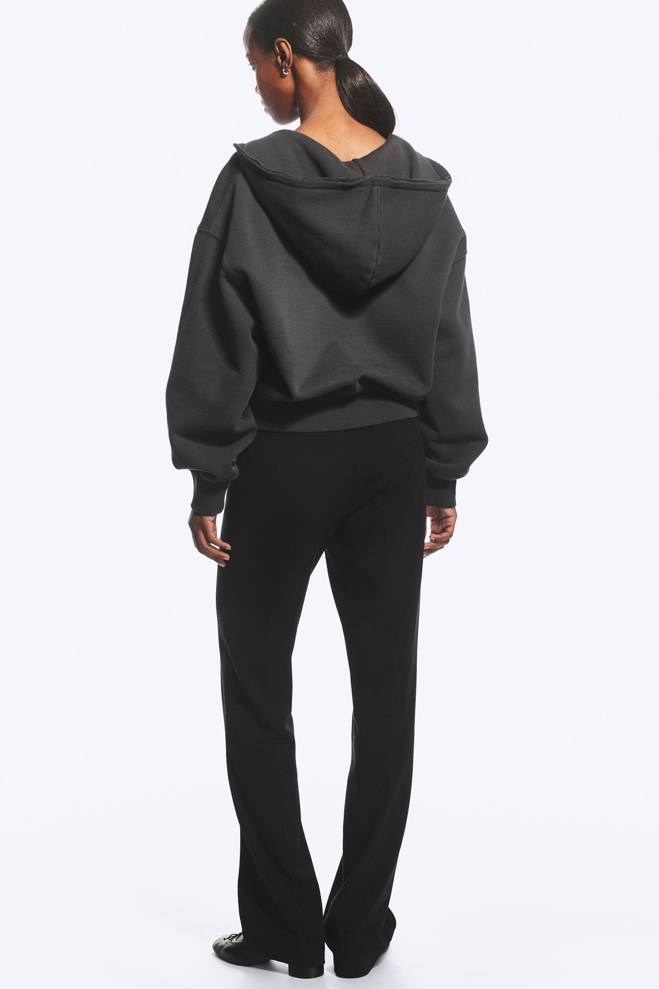Dark Grey - Synchronize - Oversized Printed V-Neck Hoodie - 3
