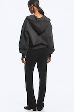 Dark Grey - Synchronize - Oversized Printed V-Neck Hoodie - 3