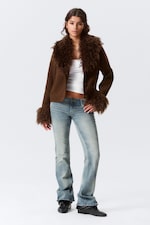 Dark Brown - Cropped Faux Fur Trim Jacket - 0