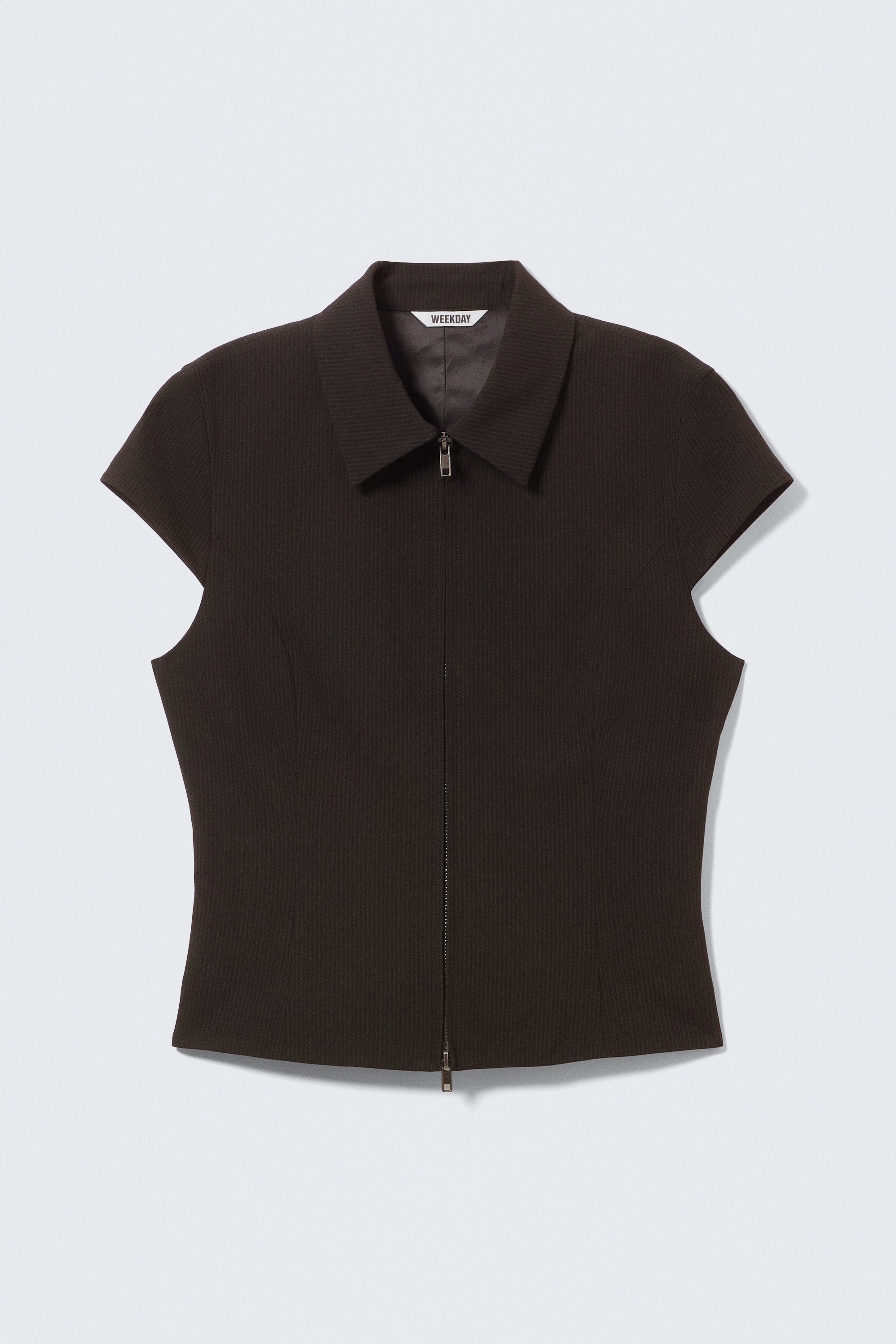 Fitted Short-Sleeved Zip Top - Striped Black/Black/Dark Grey Melange