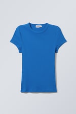 Bright Blue - Slim Fit Ribbed Cotton T-shirt - 0