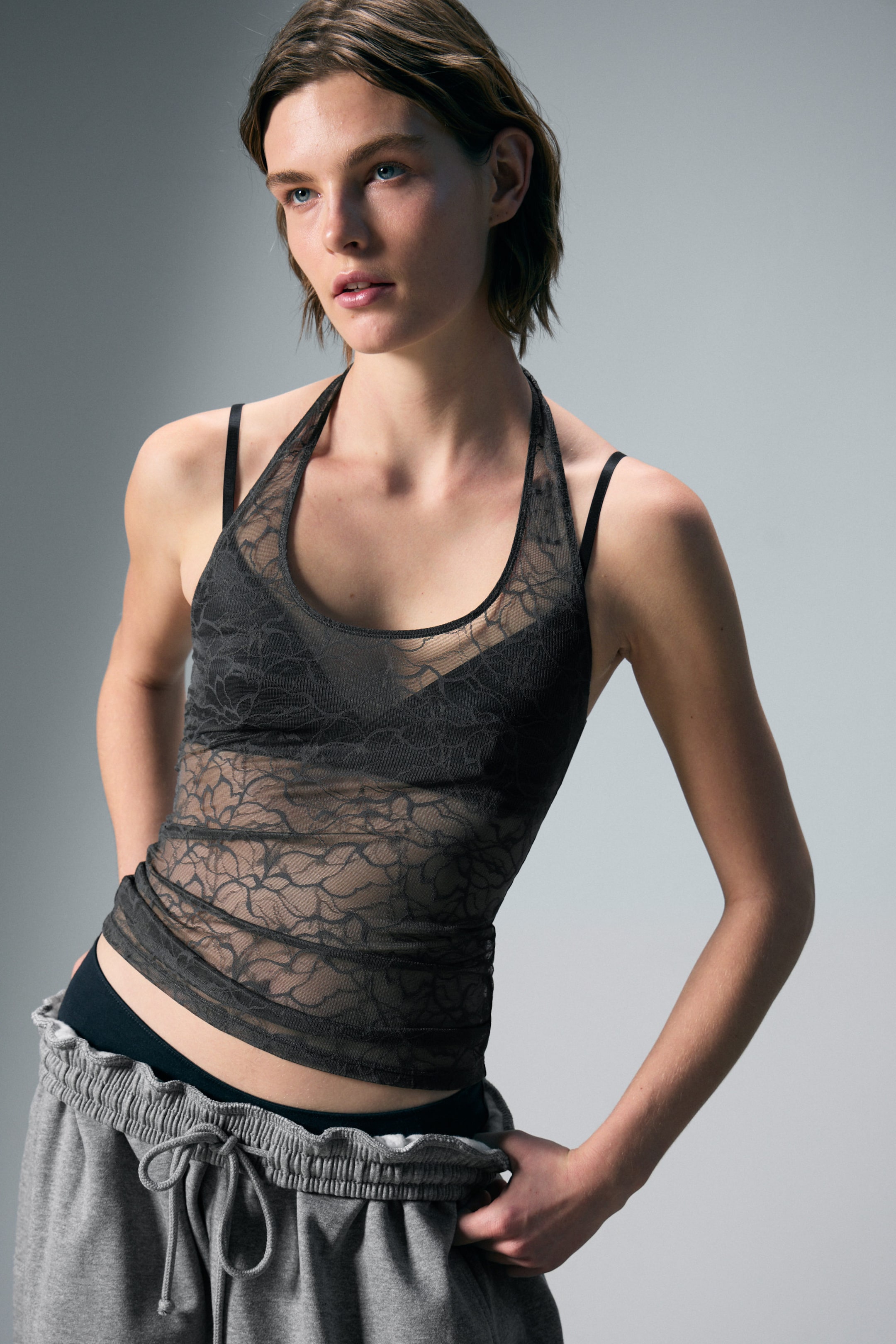 Dark Grey - Swirly Lace Halterneck Top - 1