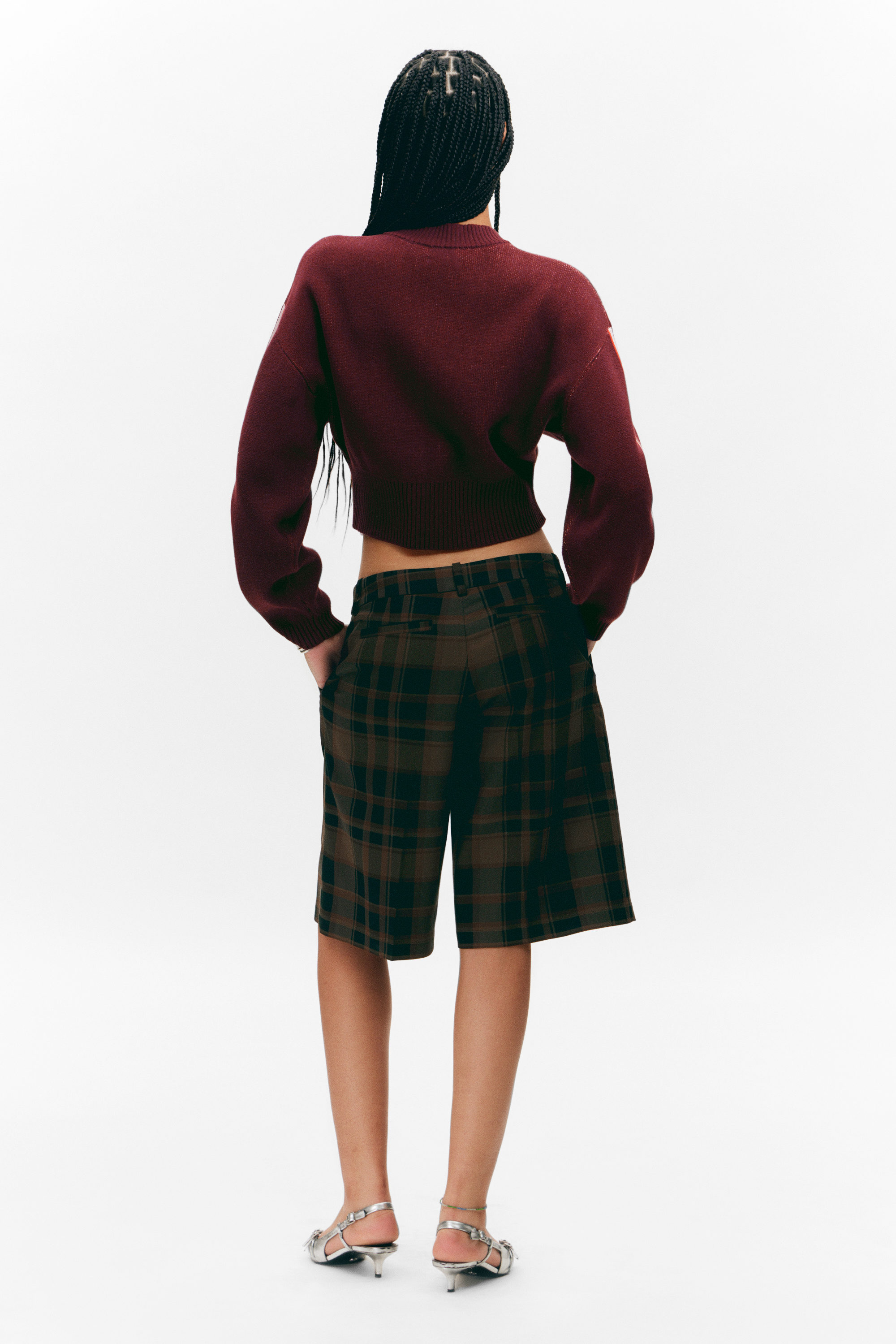 Dark Red - Slightly Athletic - Cropped Jacquard Zip Cardigan - 3