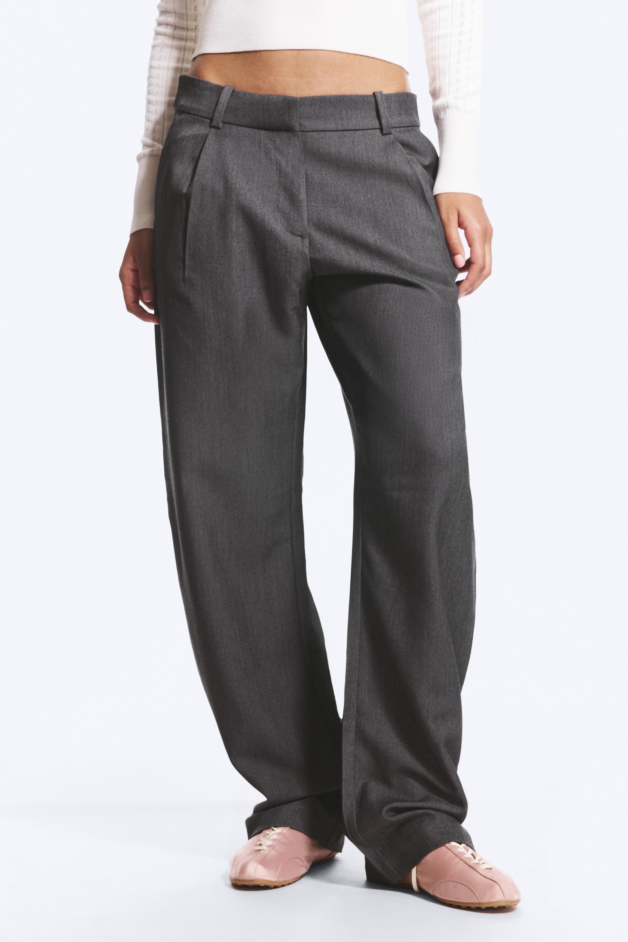 Dark Grey Melange - Loose Fit Barrel Leg Suiting Trousers - 2