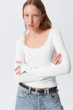White - Long-Sleeved Slim Fit Scoop Neck Top - 1