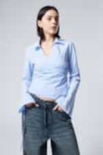 Striped Blue - Long-Sleeved Wrap Poplin Shirt - 0