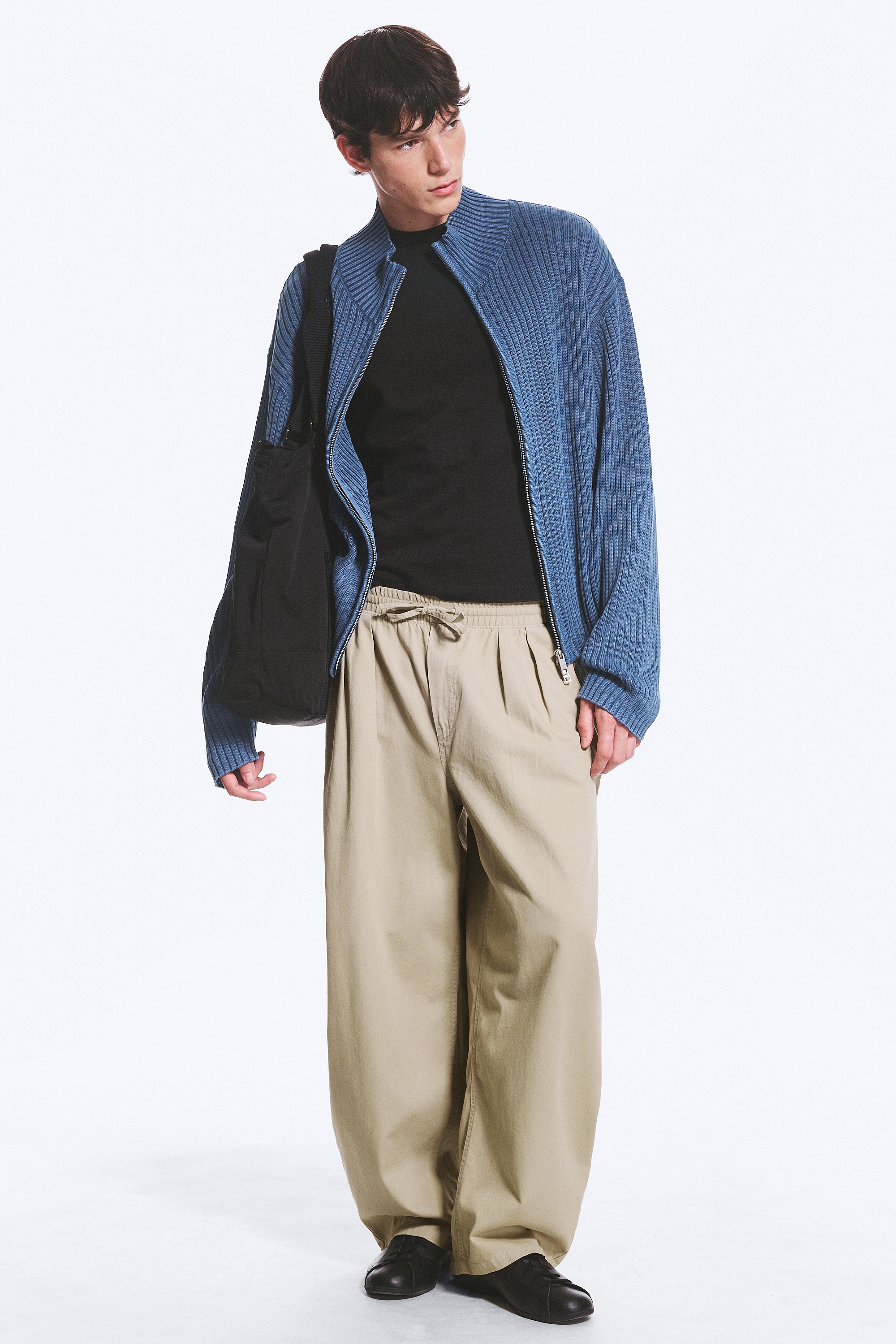 Relaxed Knitted Zip Cardigan - Washed Blue/Black/Light Mole