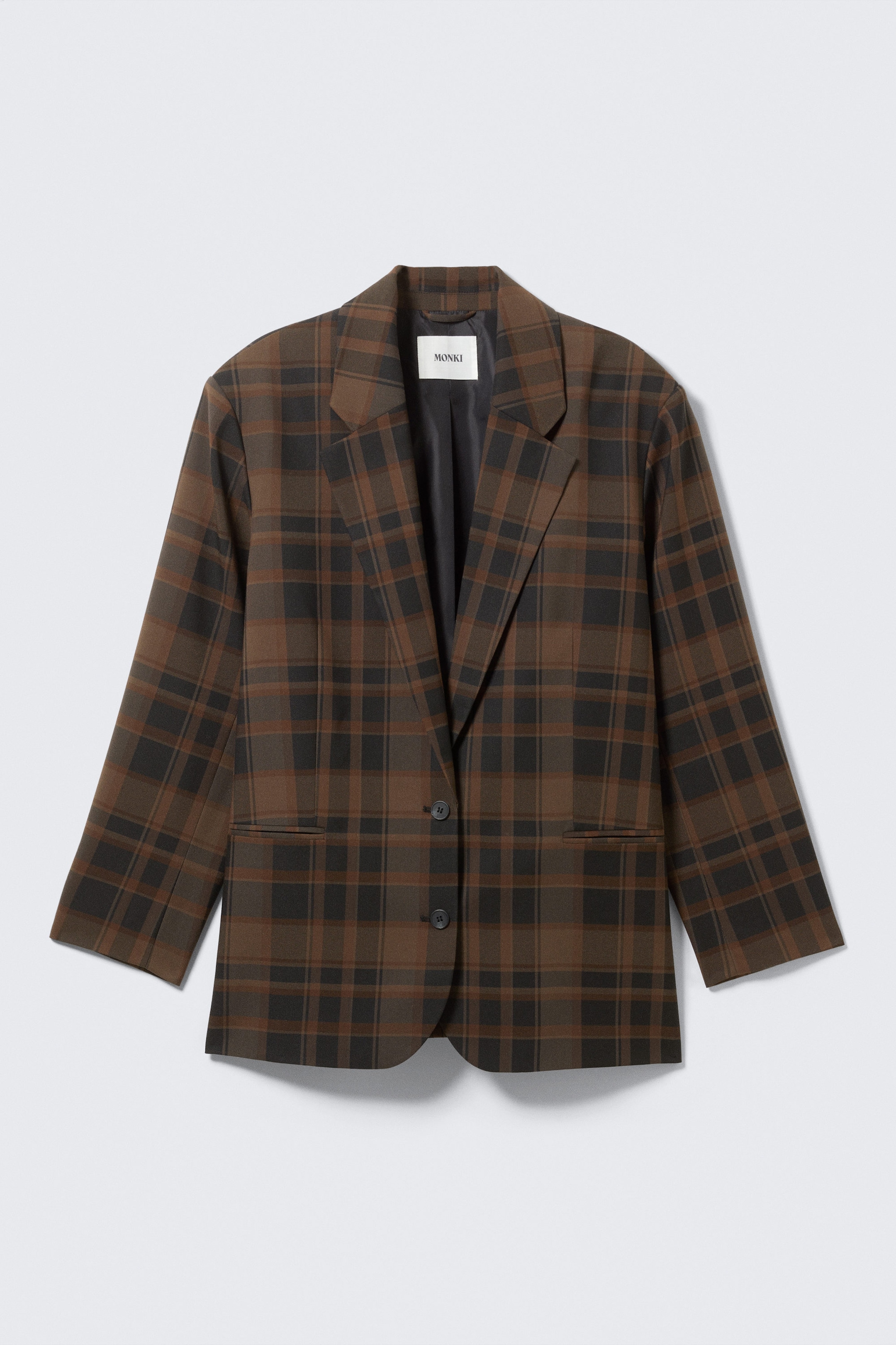 Checked Dark Brown - Single-Breasted Oversized Checked Blazer - 1