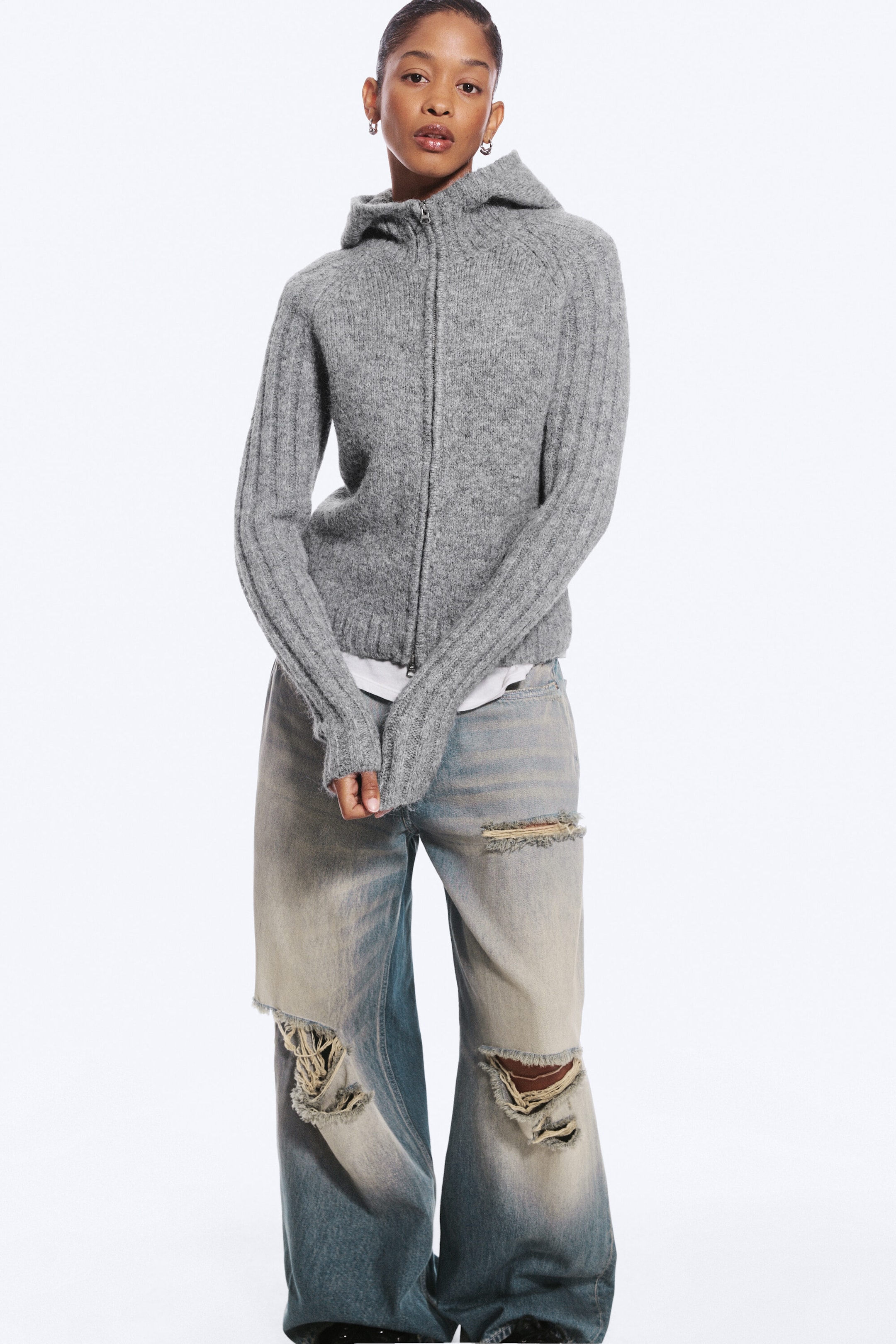Gedecktes Grau meliert - Gestrickter Zip-Hoodie - 0