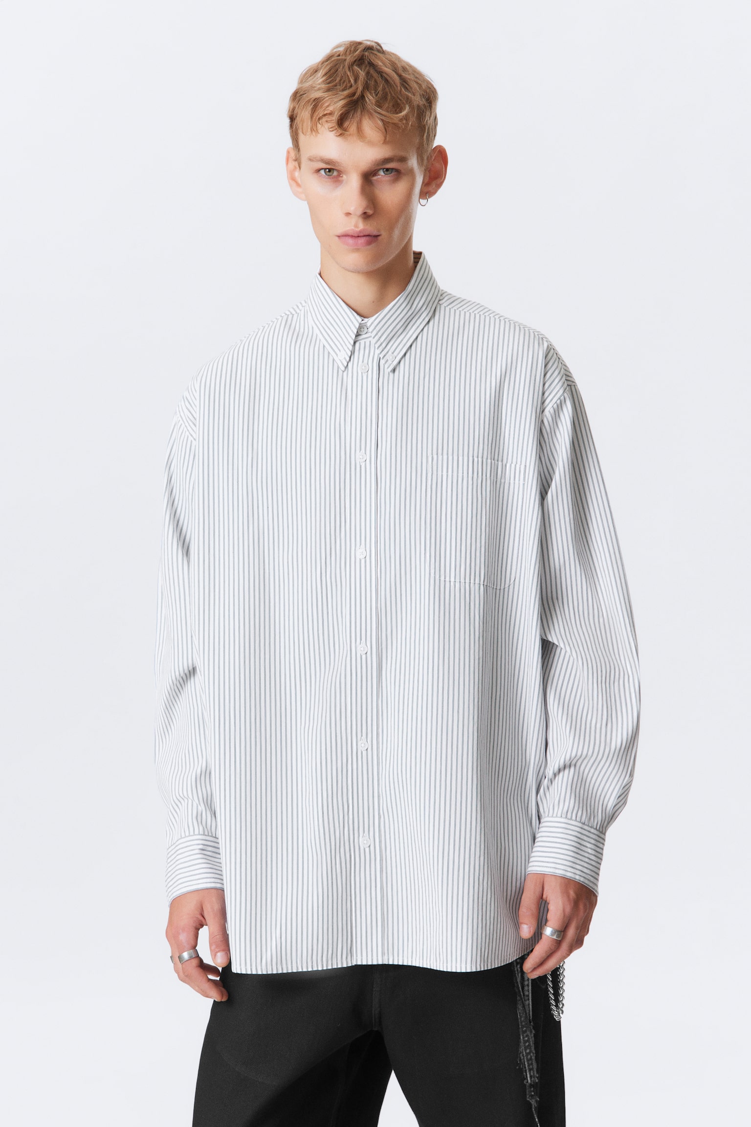 Oversized Striped Button-Down Shirt - White - Blue Stripes/Green Stripe