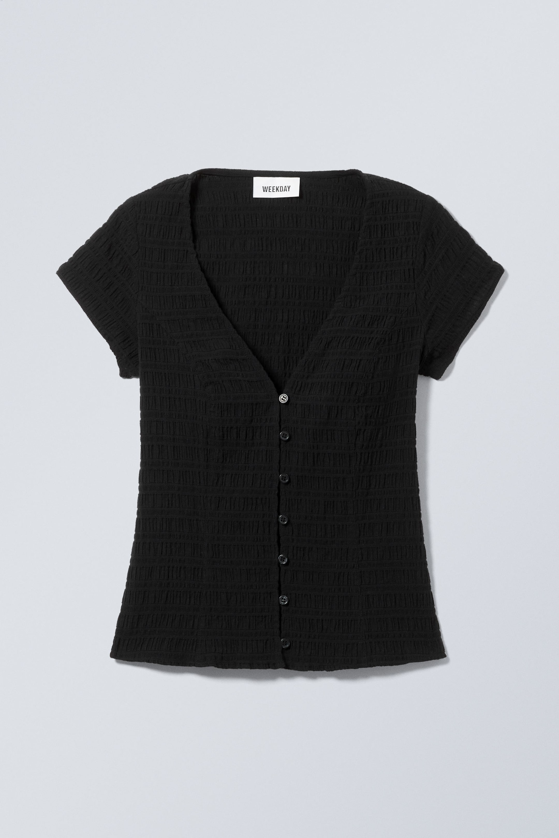 Black - Structured Short Sleeve Cotton Top - 0
