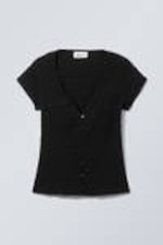 Black - Structured Short Sleeve Cotton Top - 0