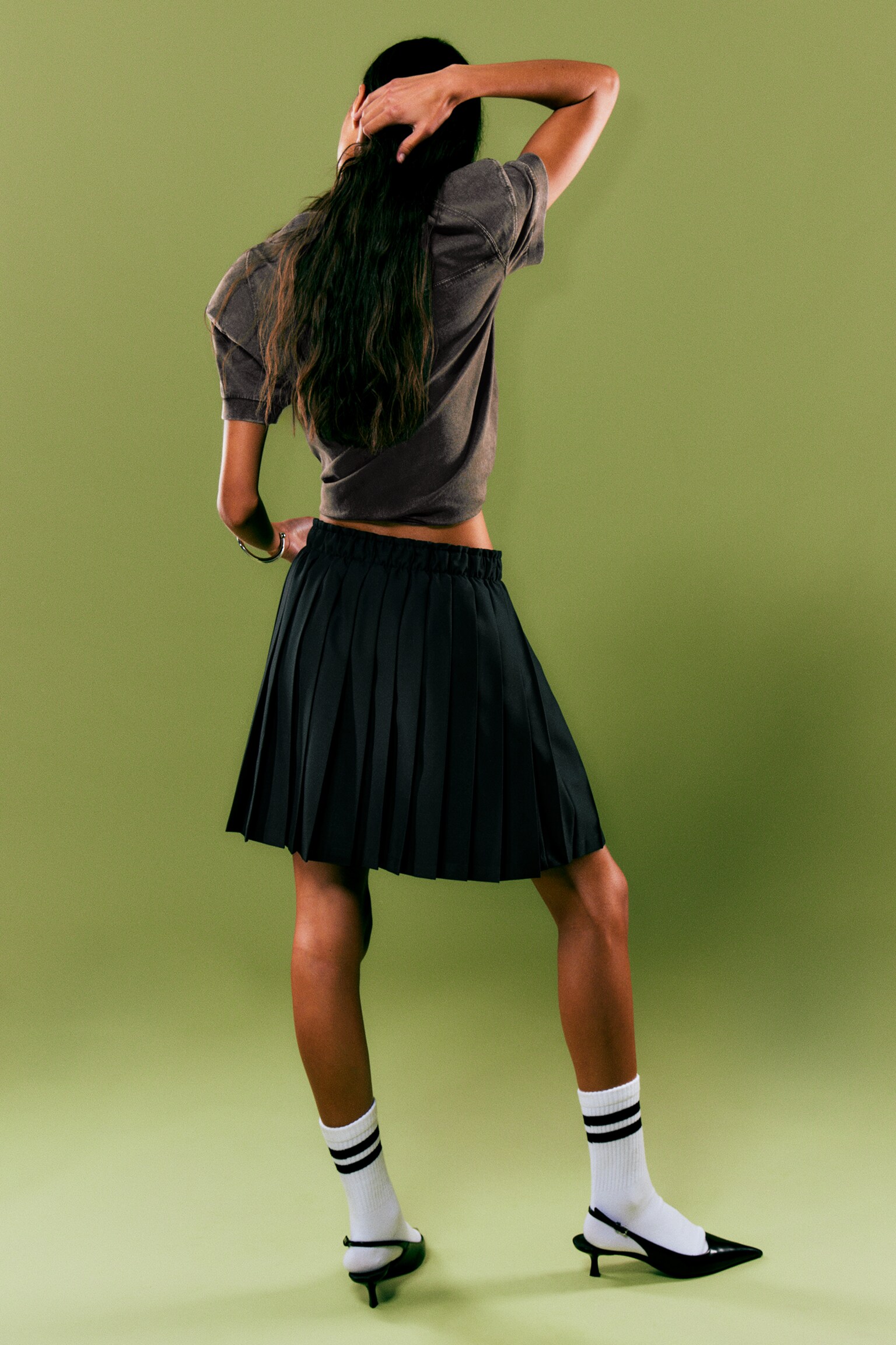 Pleated Low Rise Midi Skirt - Black - 5