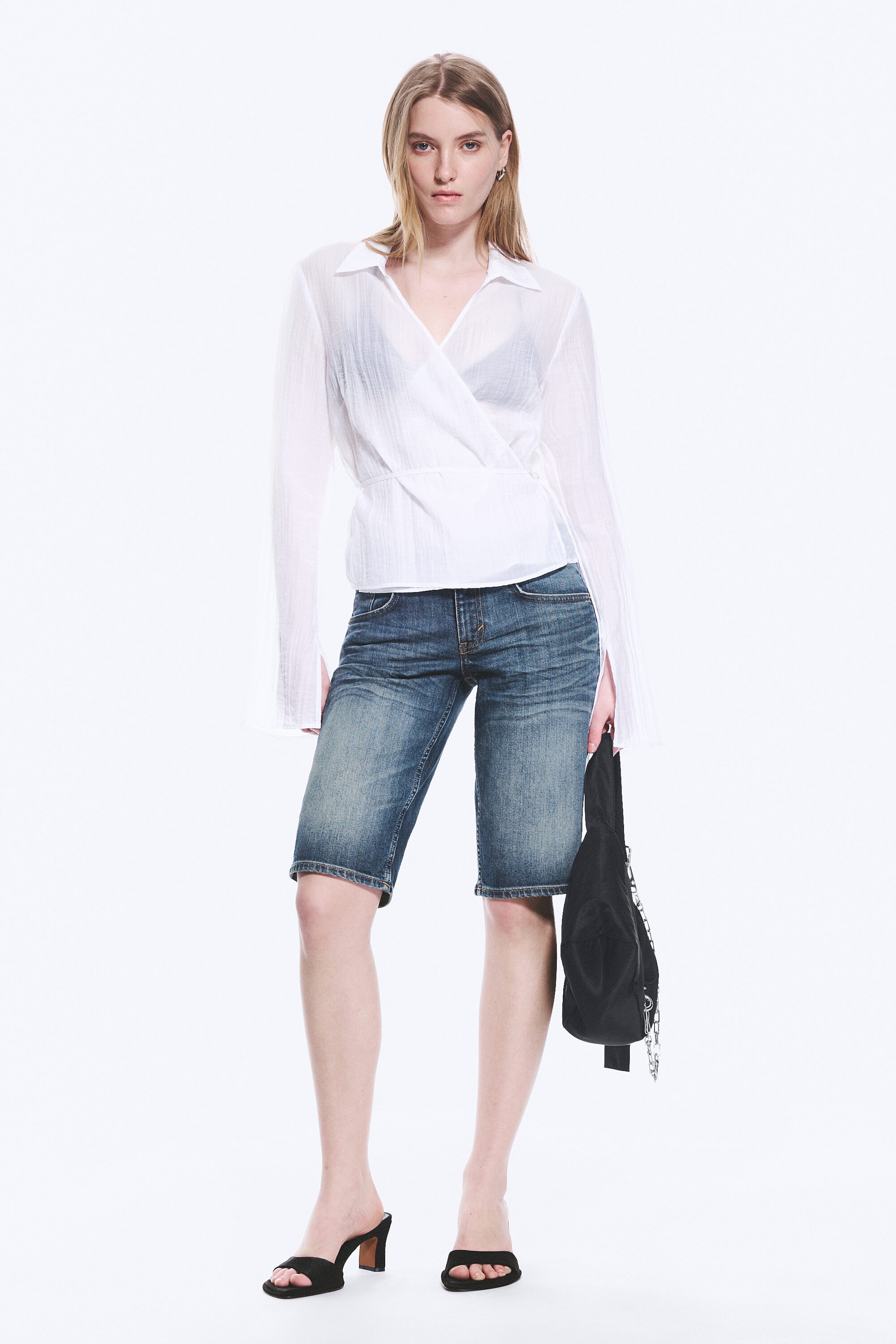 Transparent White - Textured Long-Sleeved Wrap Shirt - 2