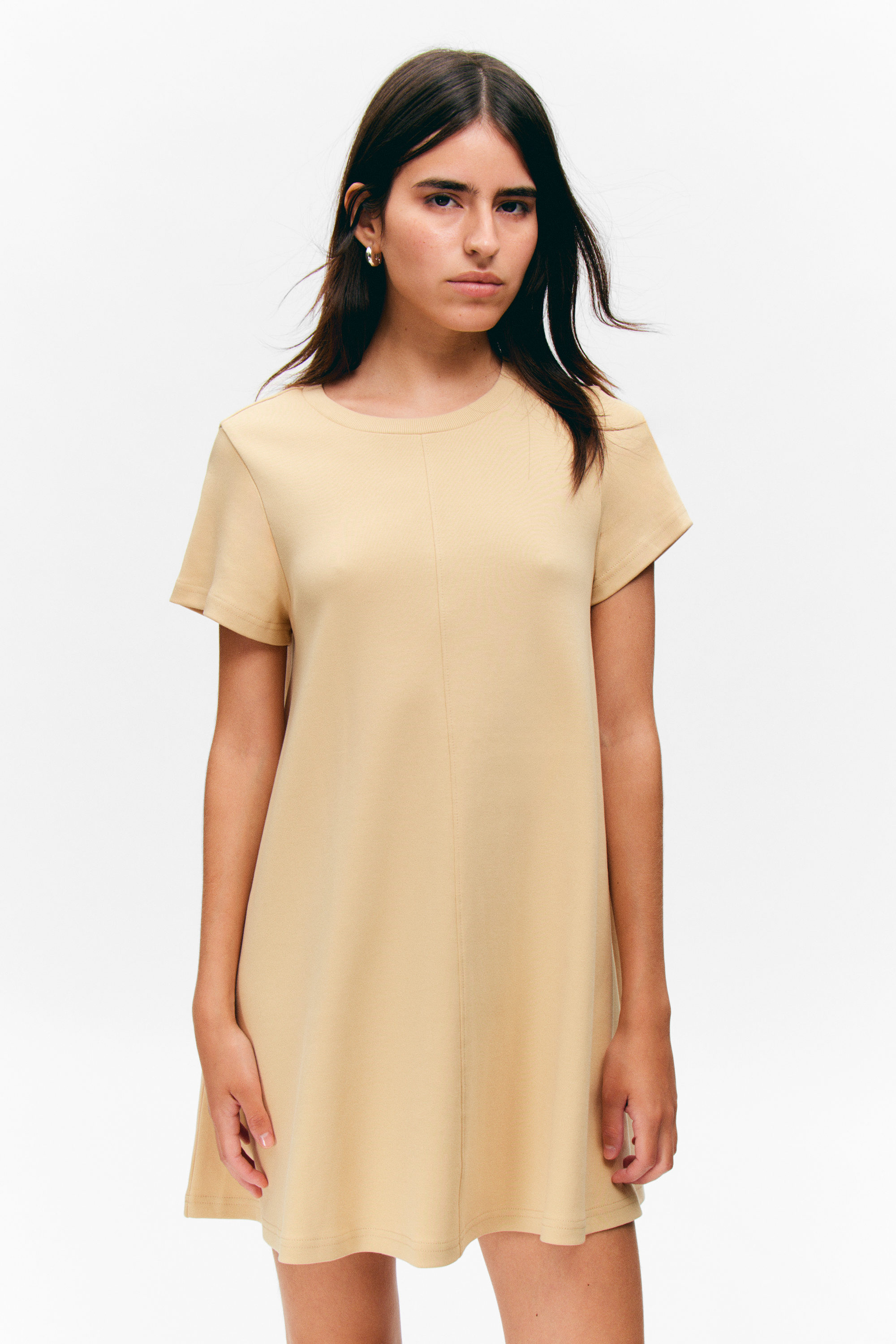 Beige - Short-Sleeved A-line Tee Dress - 2