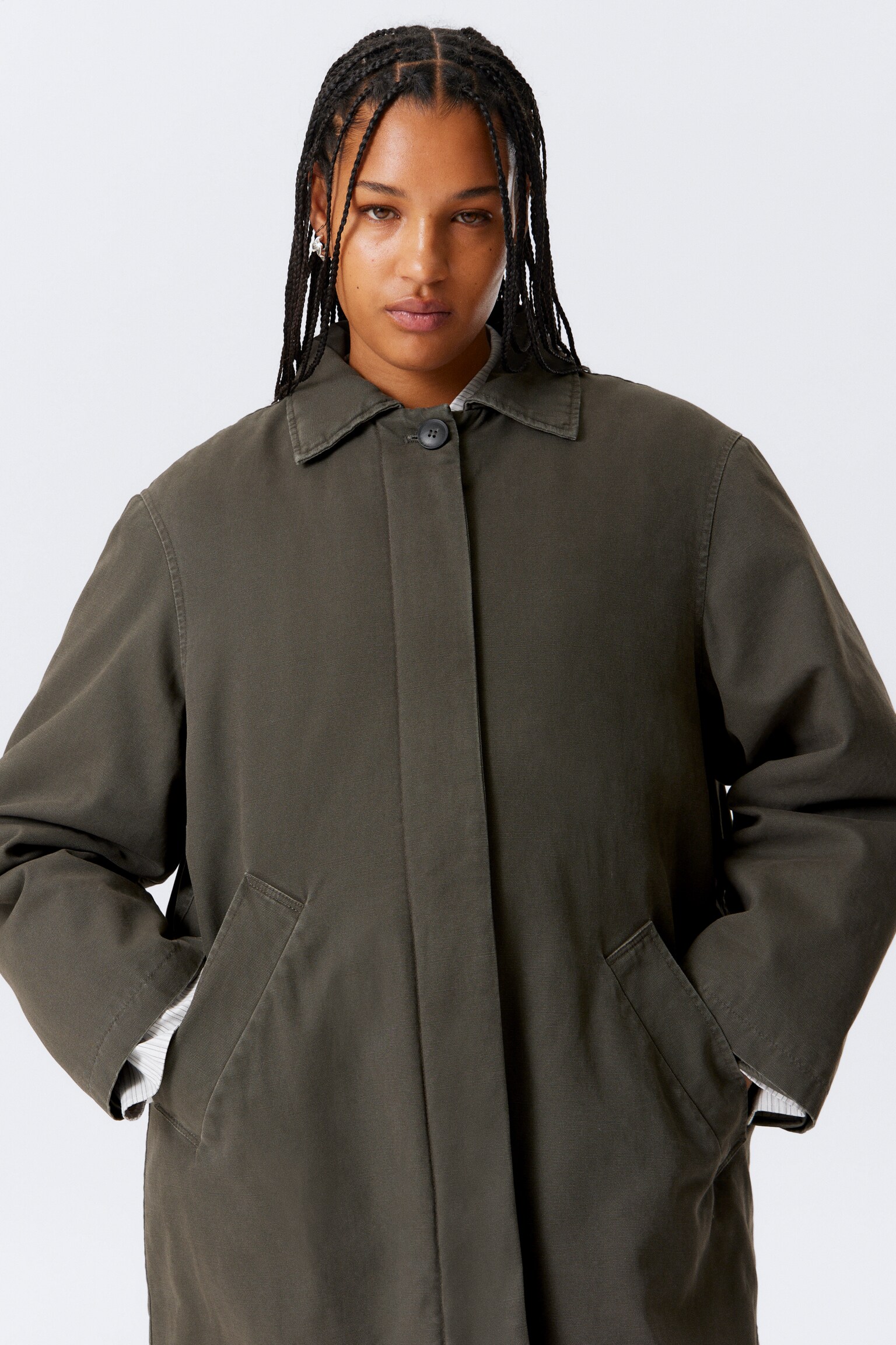 Loose Fit Canvas Car Coat - Dark Grey/Dark Khaki Green - 4