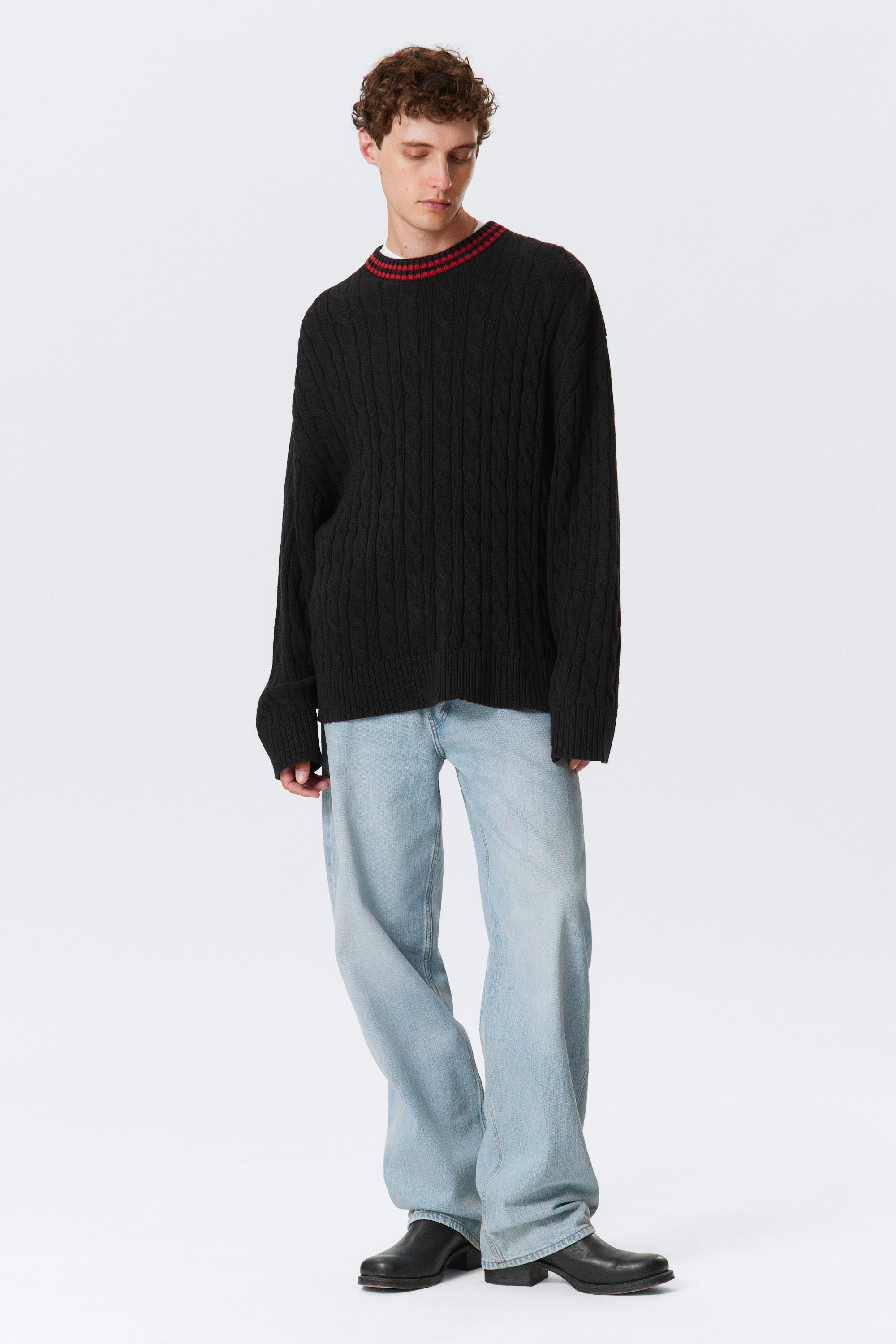 Black - Oversized Cable Knit Sweater - 1