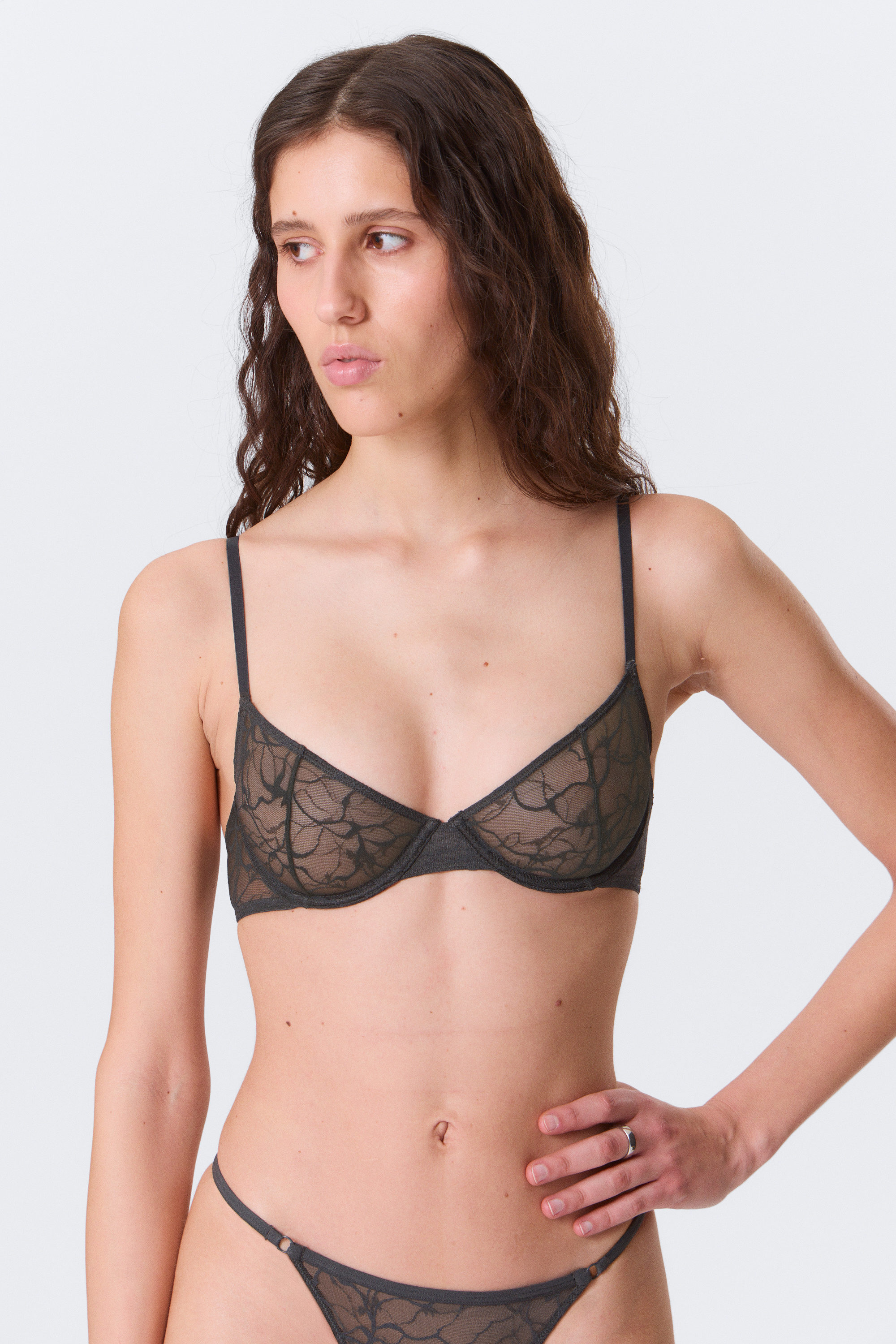 Dark Grey - Wired Swirly Lace Bra - 2