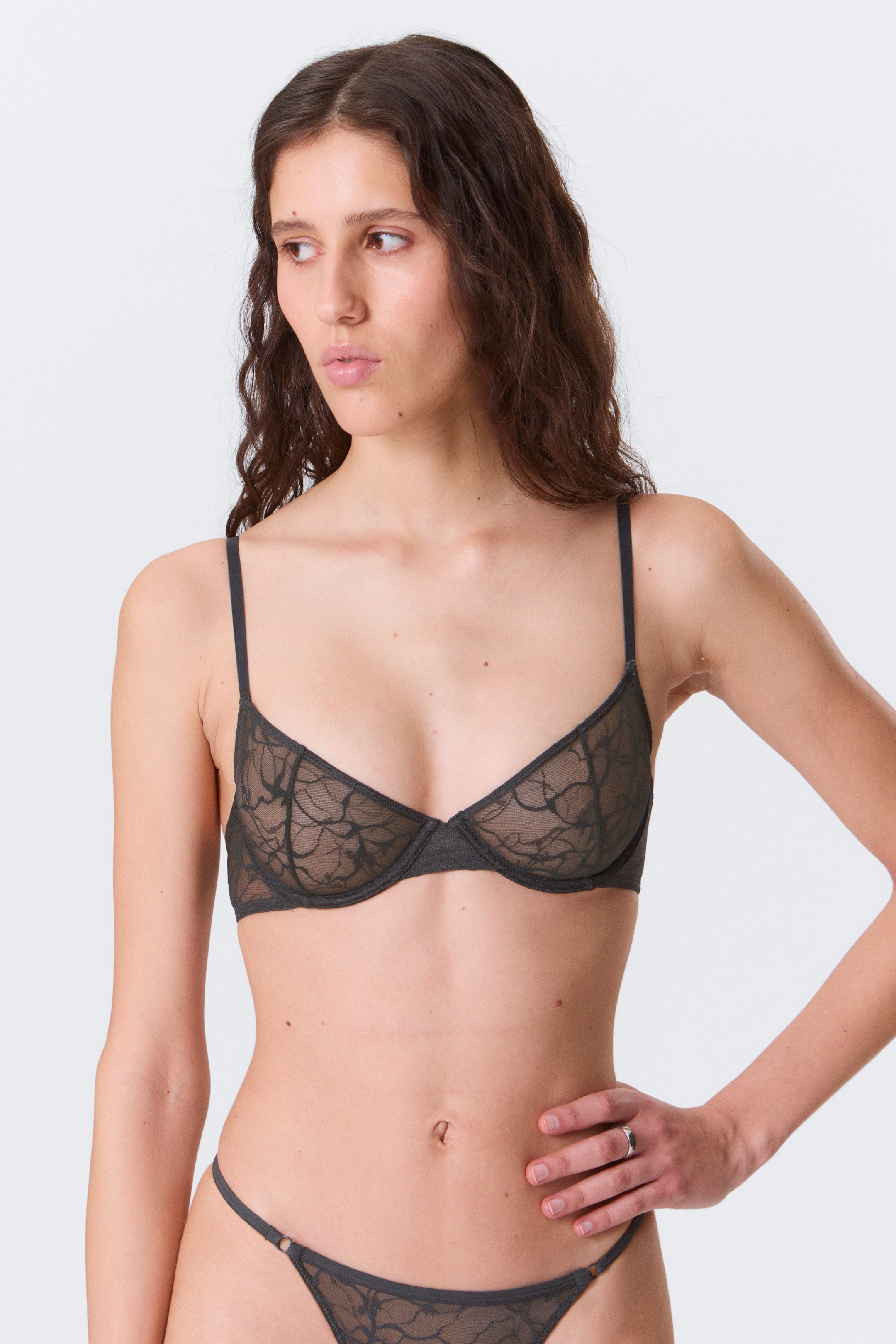 Dark Grey - Wired Swirly Lace Bra - 2