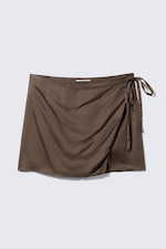 Dark Brown - Satin Wrap Mini Skirt - 0