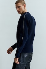 Navy Blue - Slim Zip-Sleeve Wool Sweater - 2